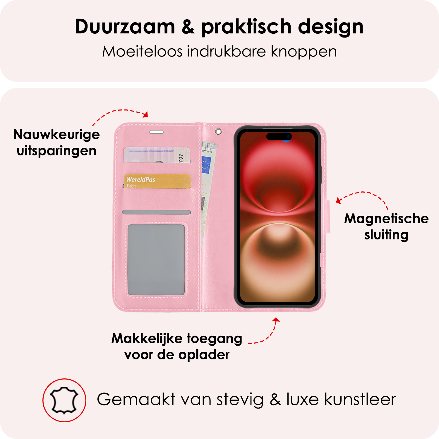 NoXx Hoes Geschikt voor iPhone 16 Plus Hoesje Book Case Hoes Flip Cover Wallet Bookcase Met 2x Screenprotector - Lichtroze