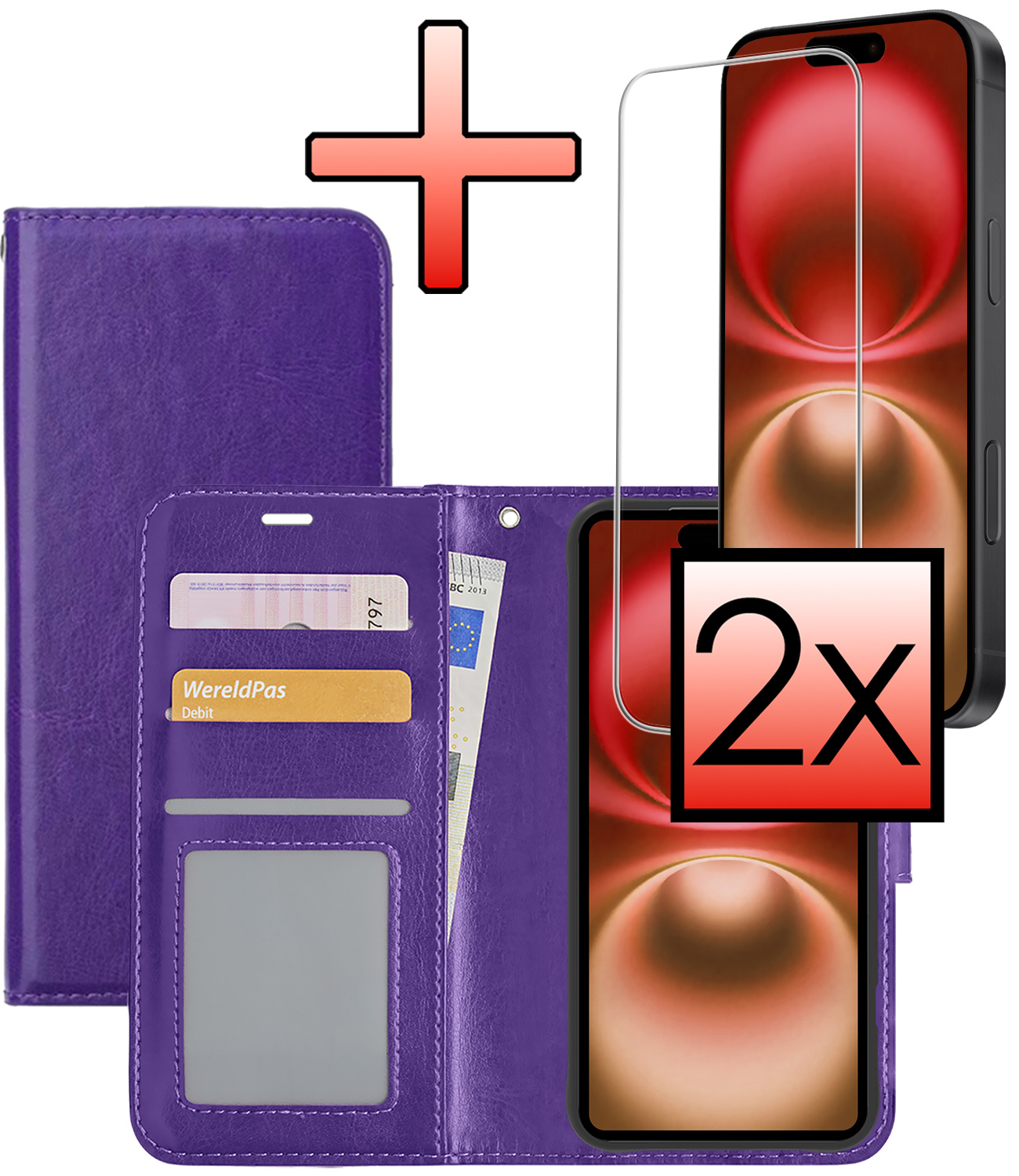 NoXx Hoes Geschikt voor iPhone 16 Plus Hoesje Book Case Hoes Flip Cover Wallet Bookcase Met 2x Screenprotector - Paars