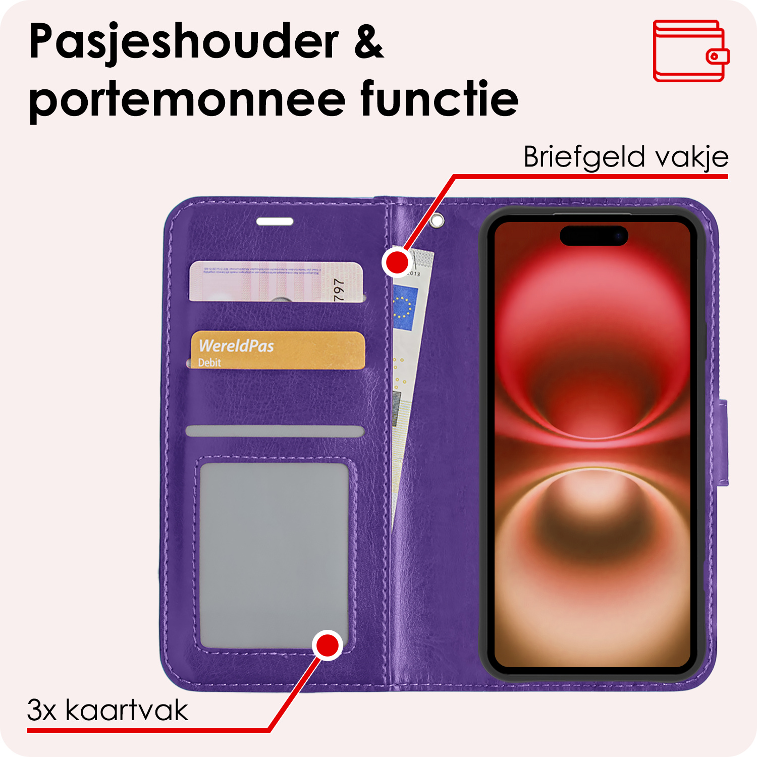 NoXx Hoes Geschikt voor iPhone 16 Plus Hoesje Book Case Hoes Flip Cover Wallet Bookcase Met 2x Screenprotector - Paars