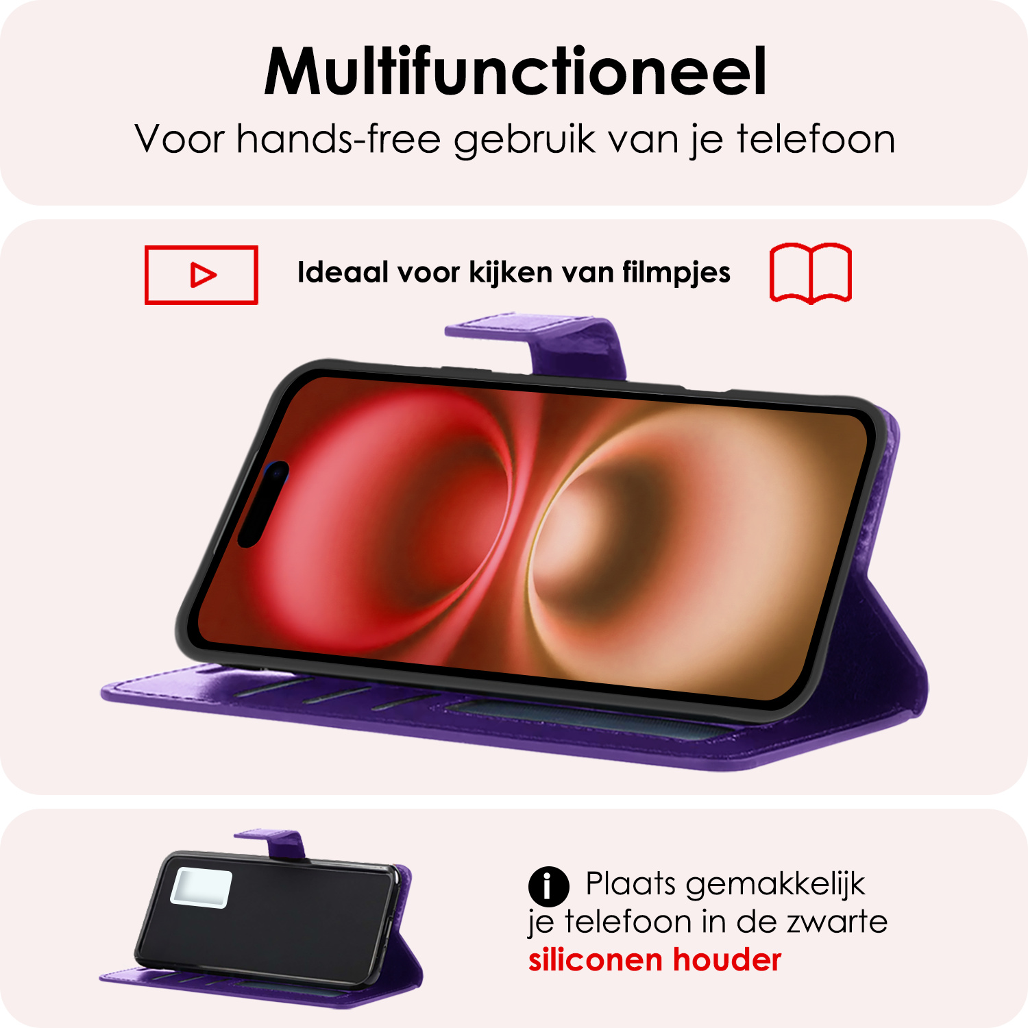 NoXx Hoes Geschikt voor iPhone 16 Plus Hoesje Book Case Hoes Flip Cover Wallet Bookcase Met 2x Screenprotector - Paars