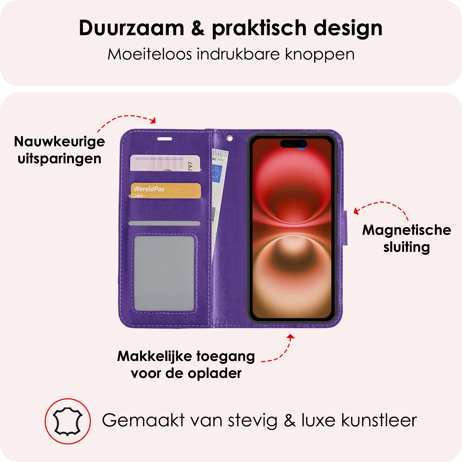 NoXx Hoes Geschikt voor iPhone 16 Plus Hoesje Book Case Hoes Flip Cover Wallet Bookcase Met 2x Screenprotector - Paars