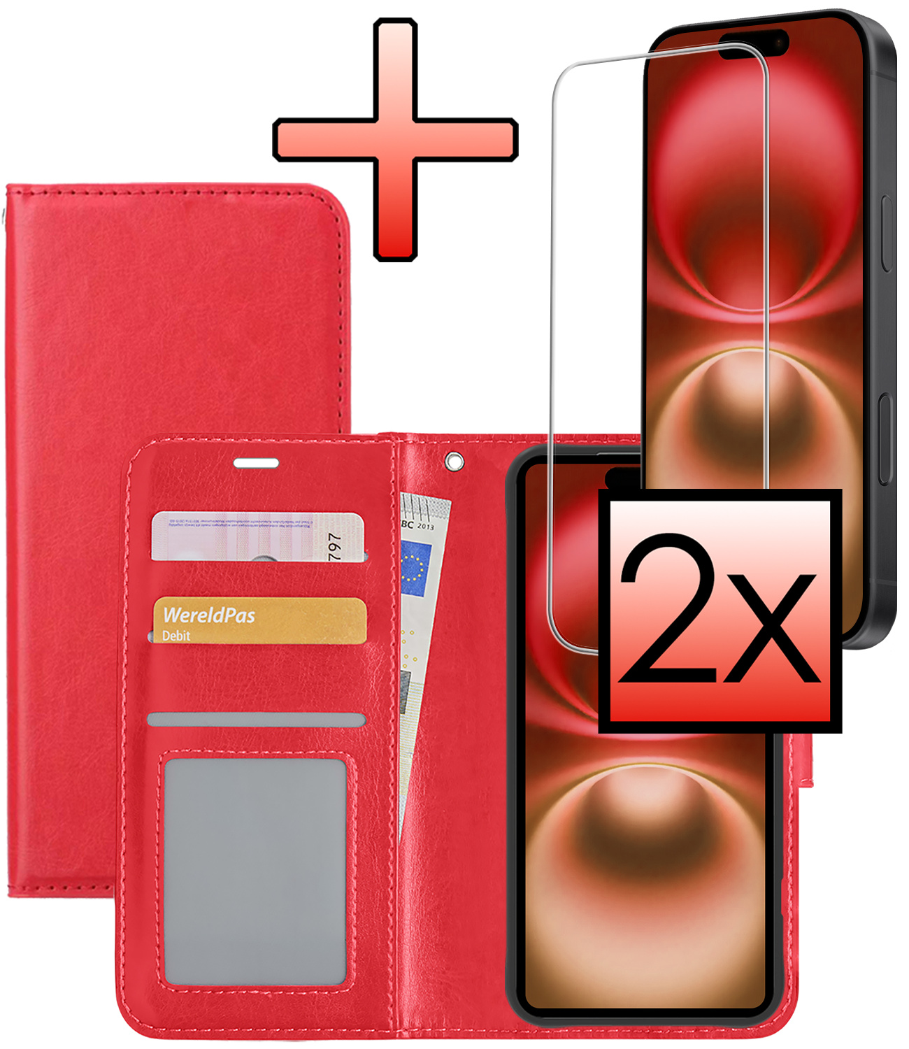 NoXx Hoes Geschikt voor iPhone 16 Plus Hoesje Book Case Hoes Flip Cover Wallet Bookcase Met 2x Screenprotector - Rood