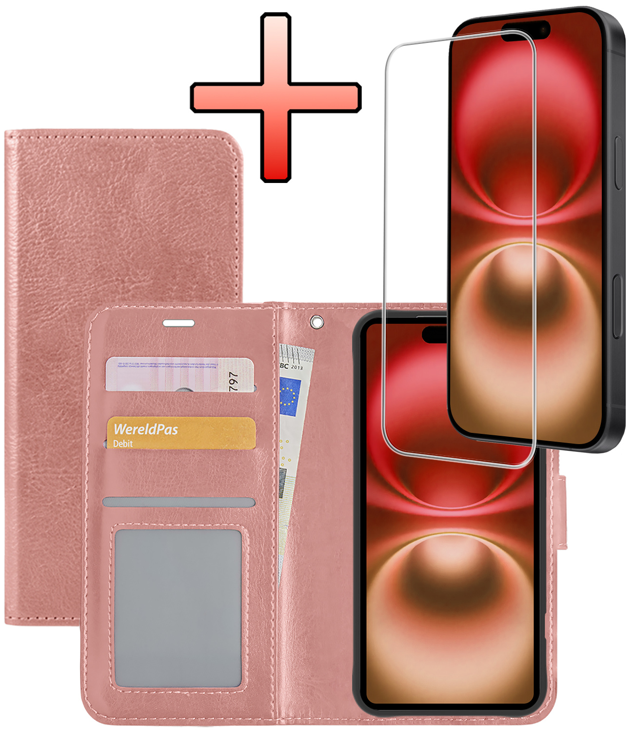 NoXx Hoes Geschikt voor iPhone 16 Plus Hoesje Book Case Hoes Flip Cover Wallet Bookcase Met 2x Screenprotector - Rosé goud