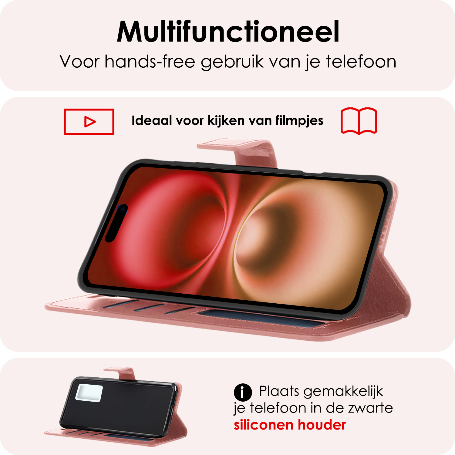NoXx Hoes Geschikt voor iPhone 16 Plus Hoesje Book Case Hoes Flip Cover Wallet Bookcase Met 2x Screenprotector - Rosé goud