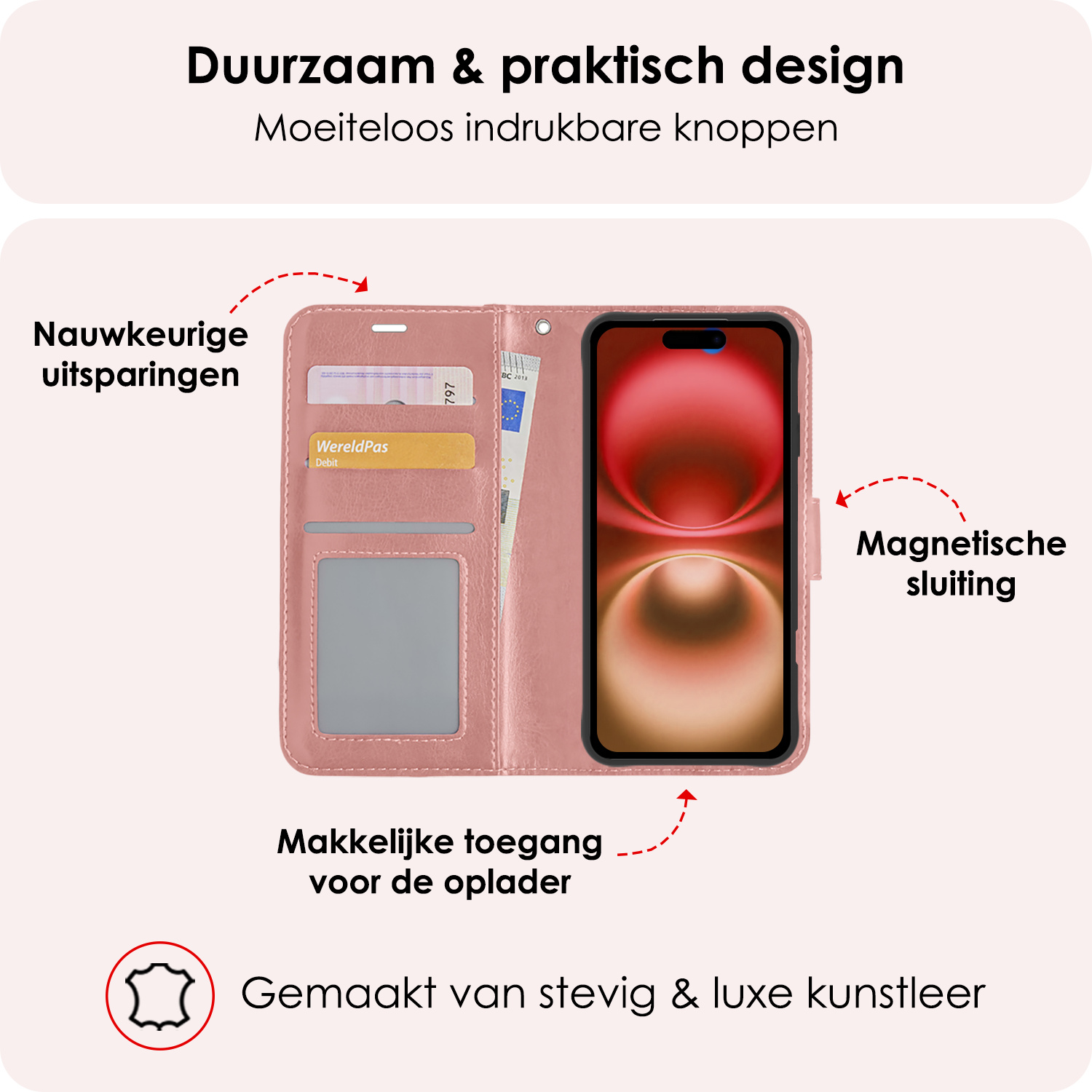 NoXx Hoes Geschikt voor iPhone 16 Plus Hoesje Book Case Hoes Flip Cover Wallet Bookcase Met 2x Screenprotector - Rosé goud