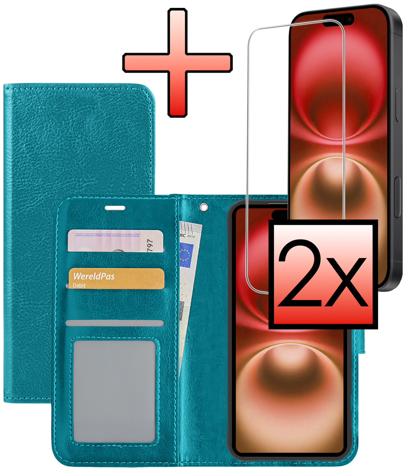 NoXx Hoes Geschikt voor iPhone 16 Plus Hoesje Book Case Hoes Flip Cover Wallet Bookcase Met 2x Screenprotector - Turquoise