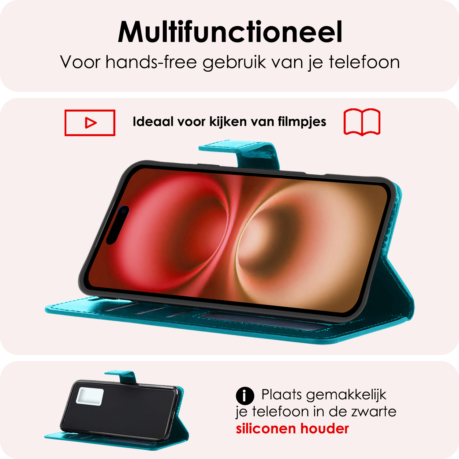 NoXx Hoes Geschikt voor iPhone 16 Plus Hoesje Book Case Hoes Flip Cover Wallet Bookcase Met 2x Screenprotector - Turquoise