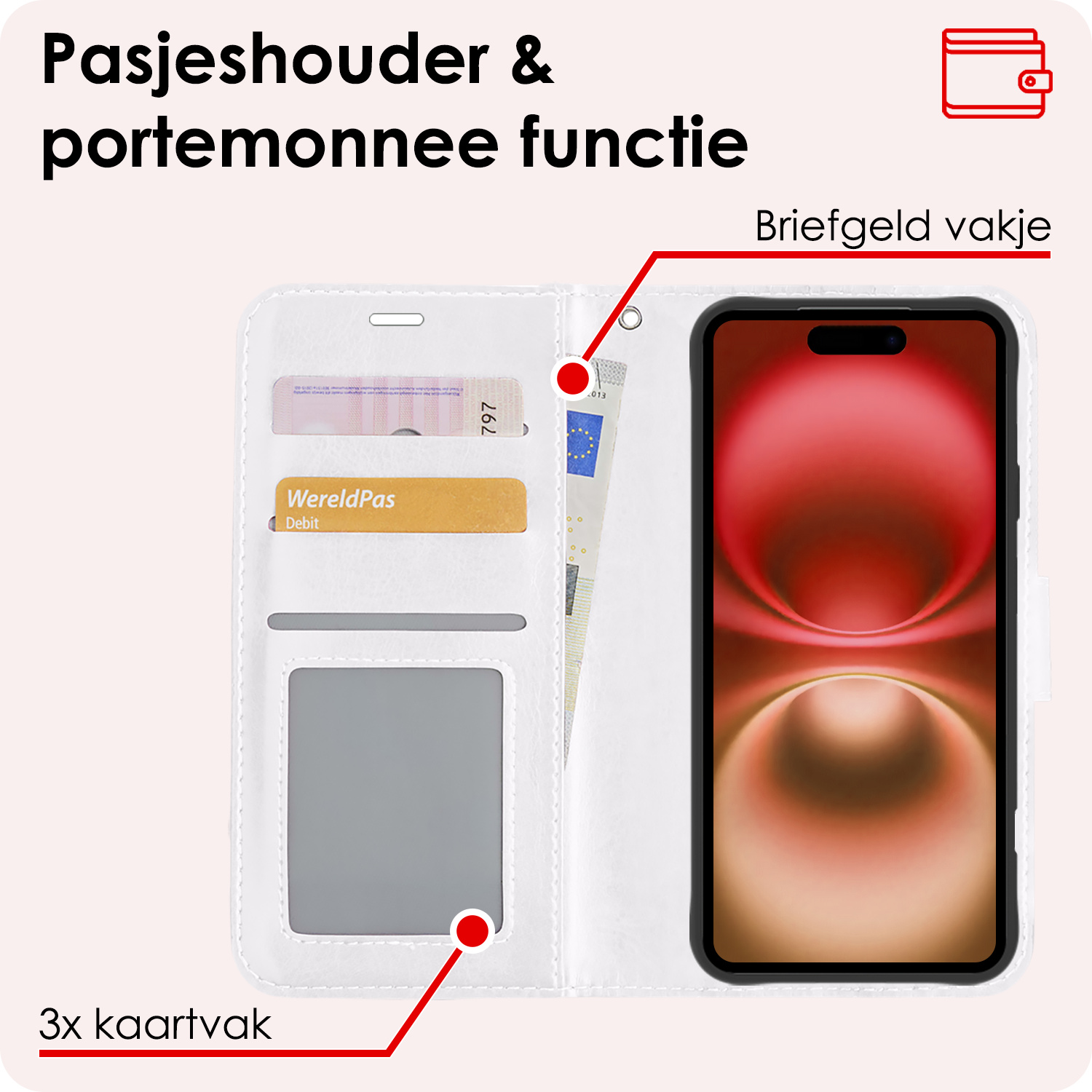 NoXx Hoes Geschikt voor iPhone 16 Plus Hoesje Book Case Hoes Flip Cover Wallet Bookcase Met 2x Screenprotector - Wit