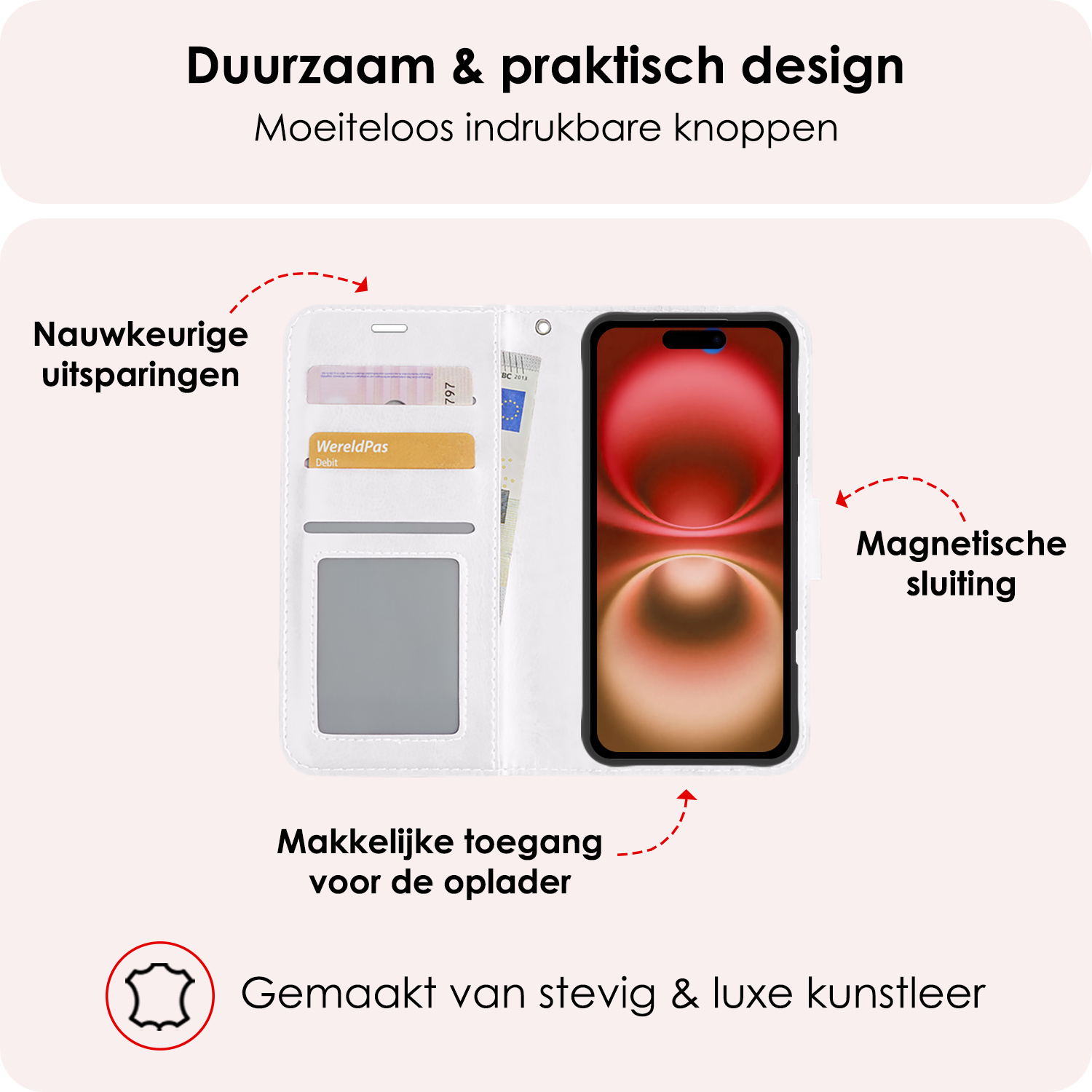 NoXx Hoes Geschikt voor iPhone 16 Plus Hoesje Book Case Hoes Flip Cover Wallet Bookcase Met 2x Screenprotector - Wit