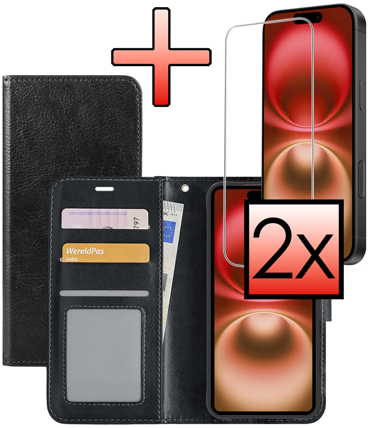 NoXx Hoes Geschikt voor iPhone 16 Plus Hoesje Book Case Hoes Flip Cover Wallet Bookcase Met 2x Screenprotector - Zwart