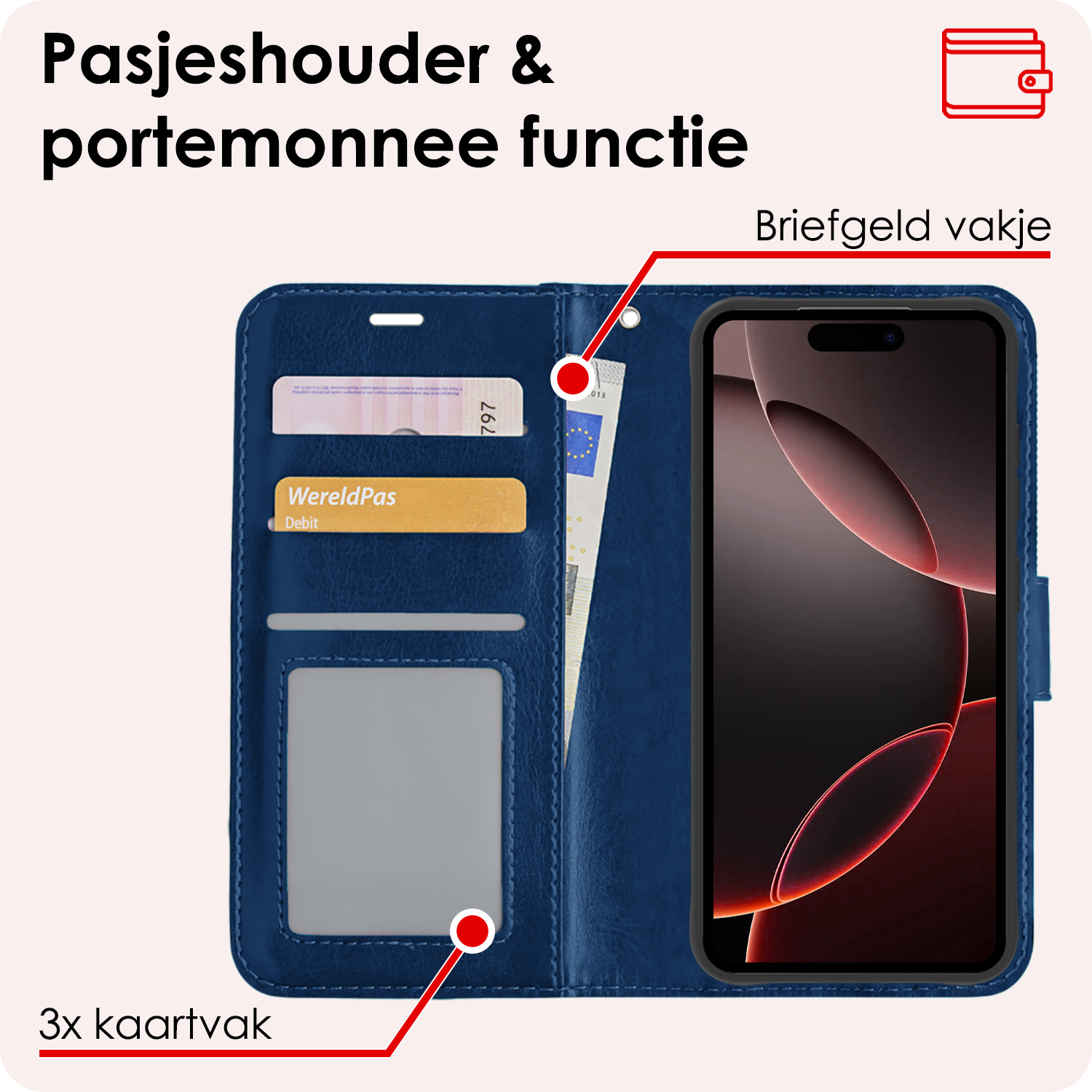 NoXx Hoes Geschikt voor iPhone 16 Pro Hoesje Book Case Hoes Flip Cover Wallet Bookcase - Donkerblauw