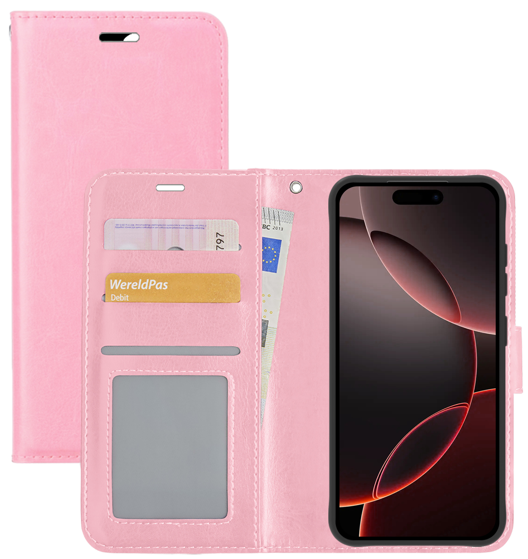 NoXx Hoes Geschikt voor iPhone 16 Pro Hoesje Book Case Hoes Flip Cover Wallet Bookcase - Lichtroze