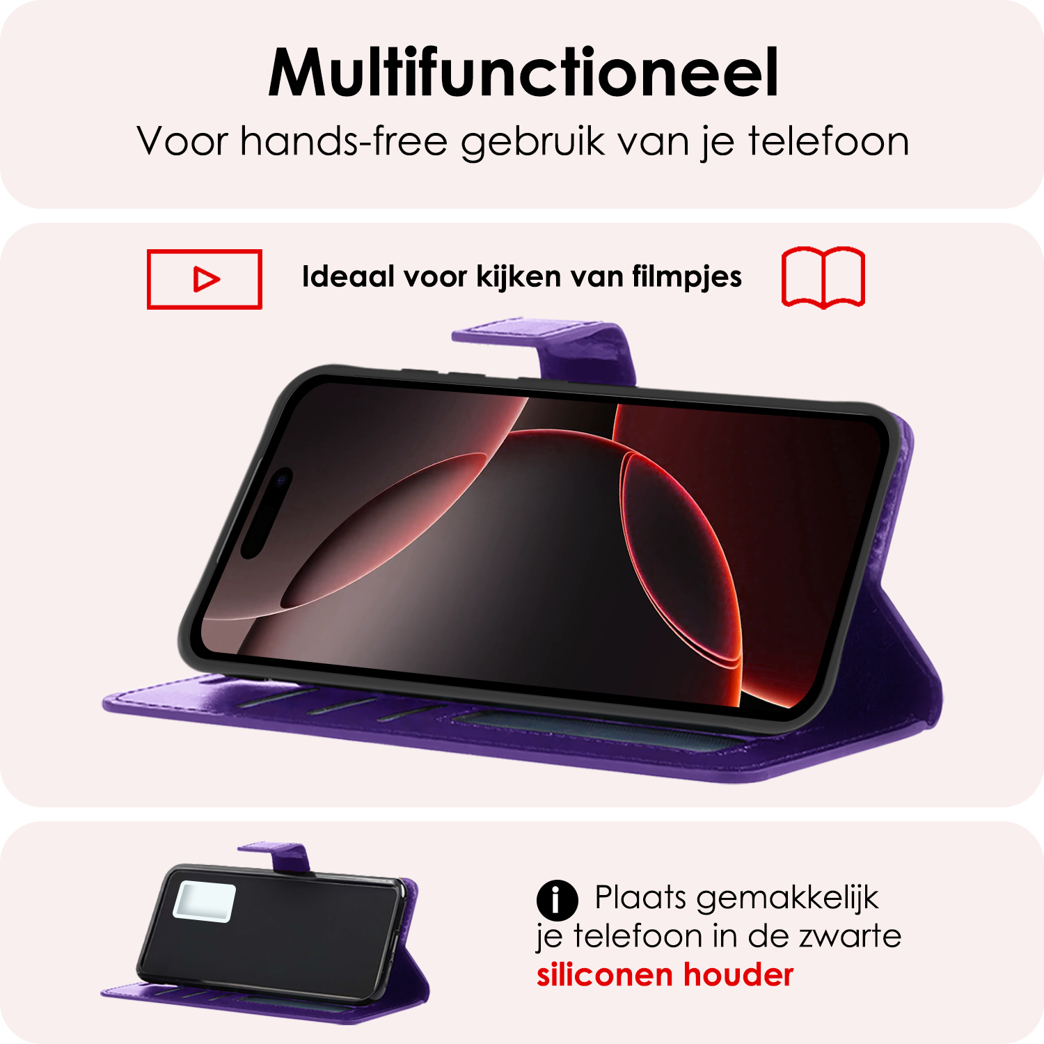 NoXx Hoes Geschikt voor iPhone 16 Pro Hoesje Book Case Hoes Flip Cover Wallet Bookcase - Paars