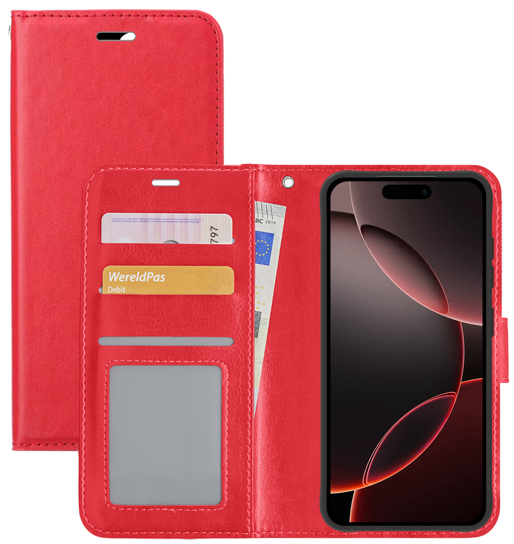 NoXx Hoes Geschikt voor iPhone 16 Pro Hoesje Book Case Hoes Flip Cover Wallet Bookcase - Rood