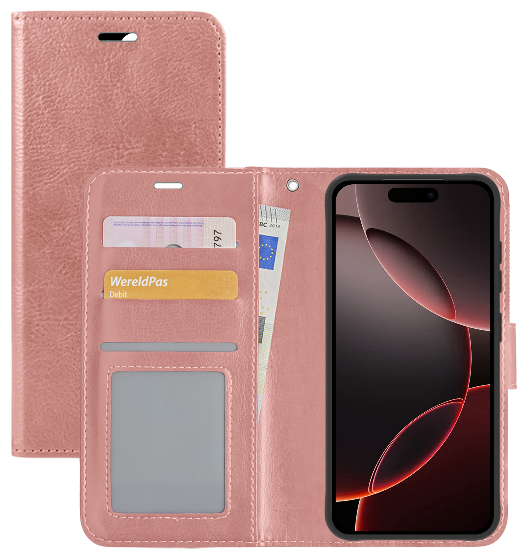 NoXx Hoes Geschikt voor iPhone 16 Pro Hoesje Book Case Hoes Flip Cover Wallet Bookcase - Rosé goud