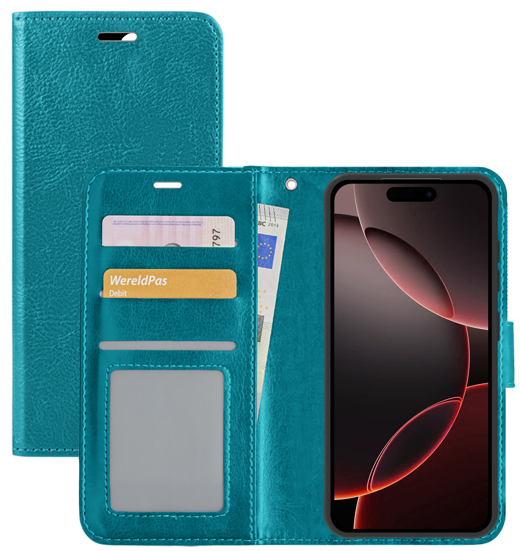 NoXx Hoes Geschikt voor iPhone 16 Pro Hoesje Book Case Hoes Flip Cover Wallet Bookcase - Turquoise