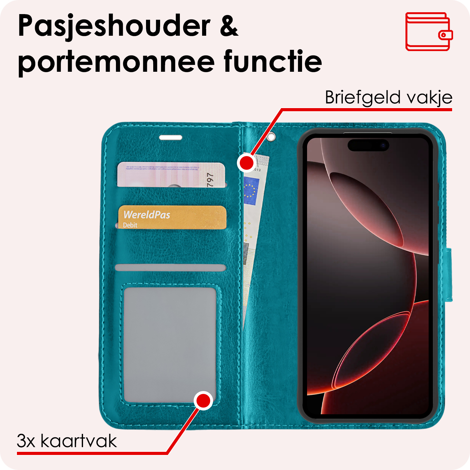 NoXx Hoes Geschikt voor iPhone 16 Pro Hoesje Book Case Hoes Flip Cover Wallet Bookcase - Turquoise