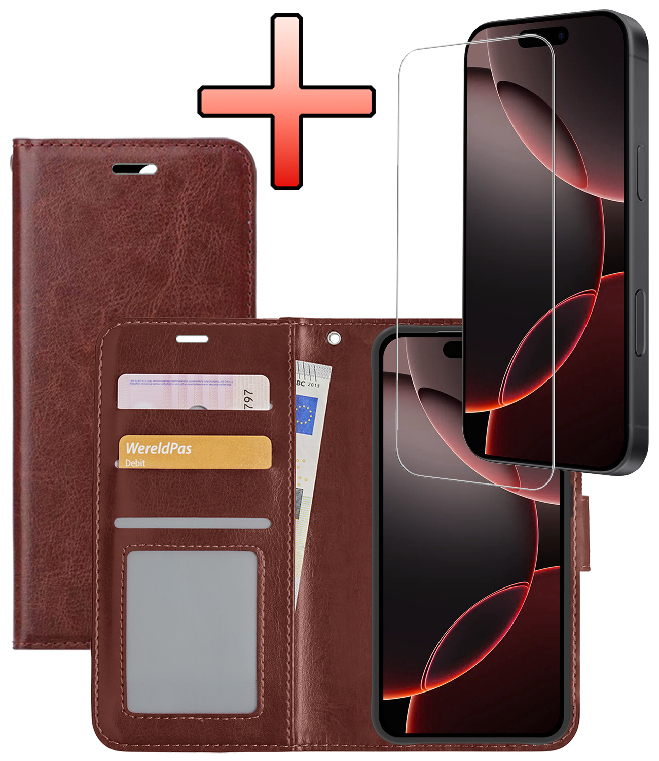 NoXx Hoes Geschikt voor iPhone 16 Pro Hoesje Book Case Hoes Flip Cover Wallet Bookcase Met Screenprotector - Bruin