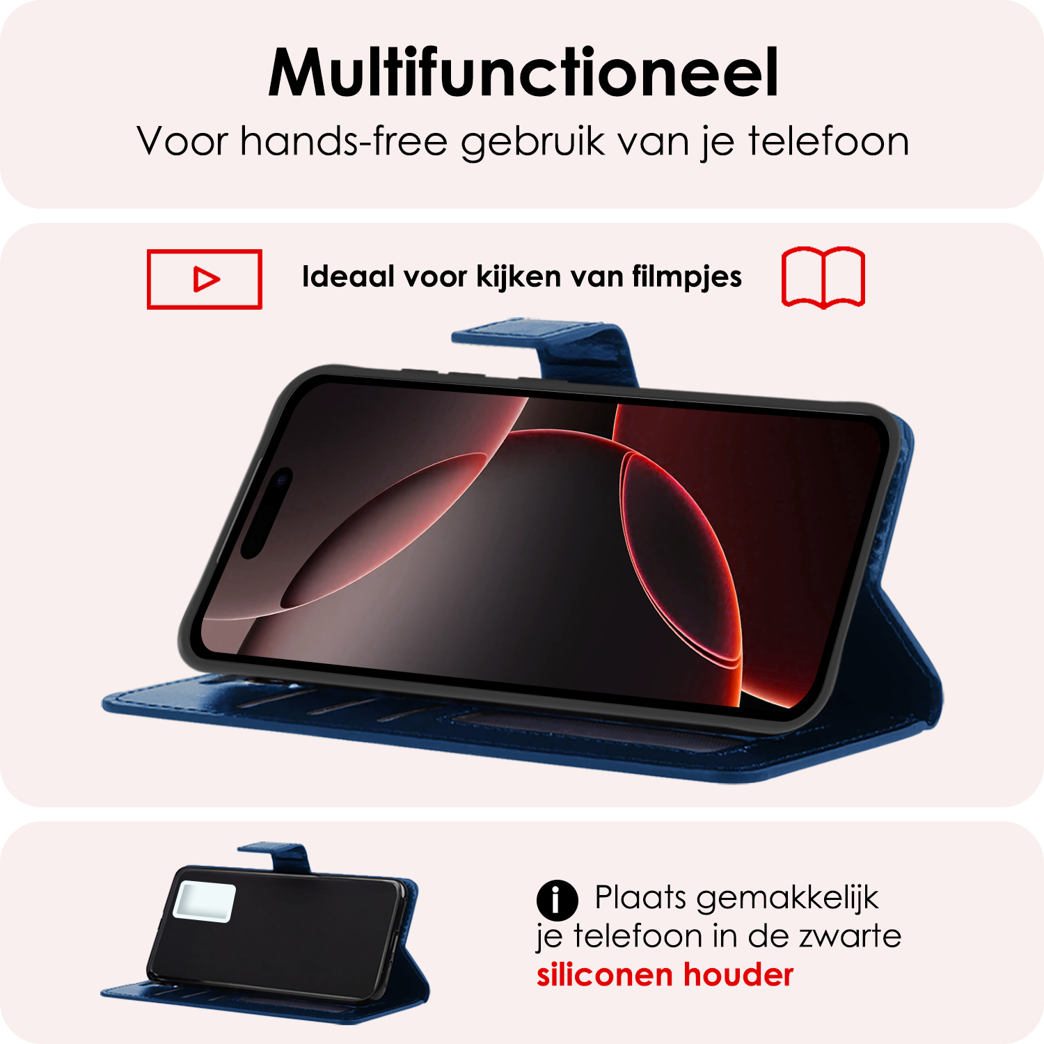 NoXx Hoes Geschikt voor iPhone 16 Pro Hoesje Book Case Hoes Flip Cover Wallet Bookcase Met Screenprotector - Donkerblauw