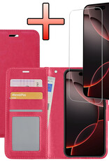 NoXx Hoes Geschikt voor iPhone 16 Pro Hoesje Book Case Hoes Flip Cover Wallet Bookcase Met Screenprotector - Donkerroze