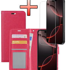 NoXx NoXx iPhone 16 Pro Hoesje Bookcase Met Screenprotector - Donkerroze
