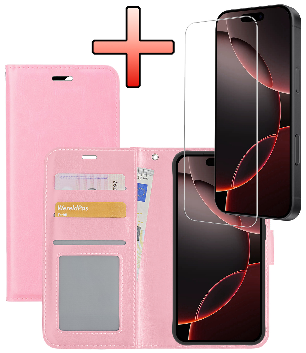 NoXx Hoes Geschikt voor iPhone 16 Pro Hoesje Book Case Hoes Flip Cover Wallet Bookcase Met Screenprotector - Lichtroze