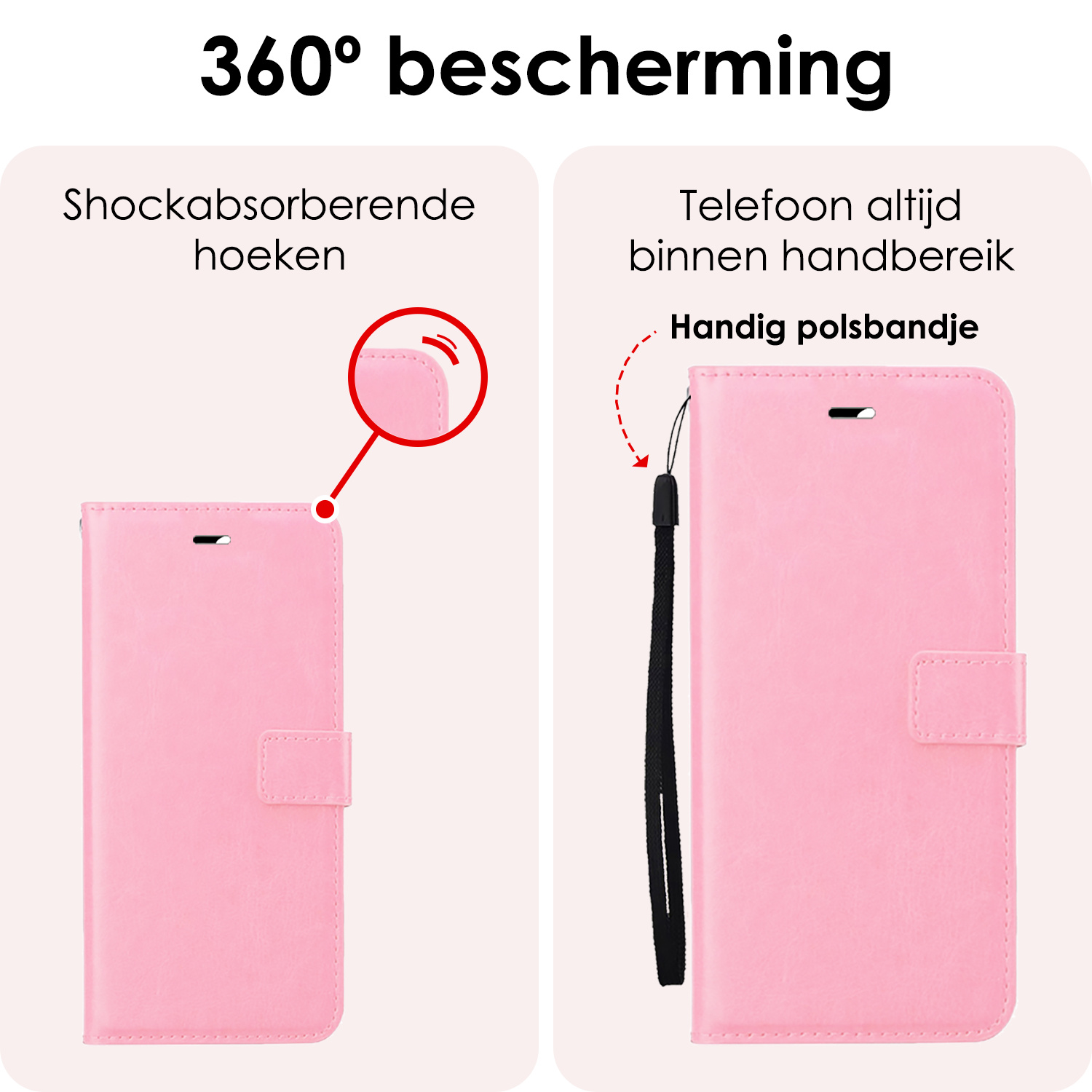 NoXx Hoes Geschikt voor iPhone 16 Pro Hoesje Book Case Hoes Flip Cover Wallet Bookcase Met Screenprotector - Lichtroze