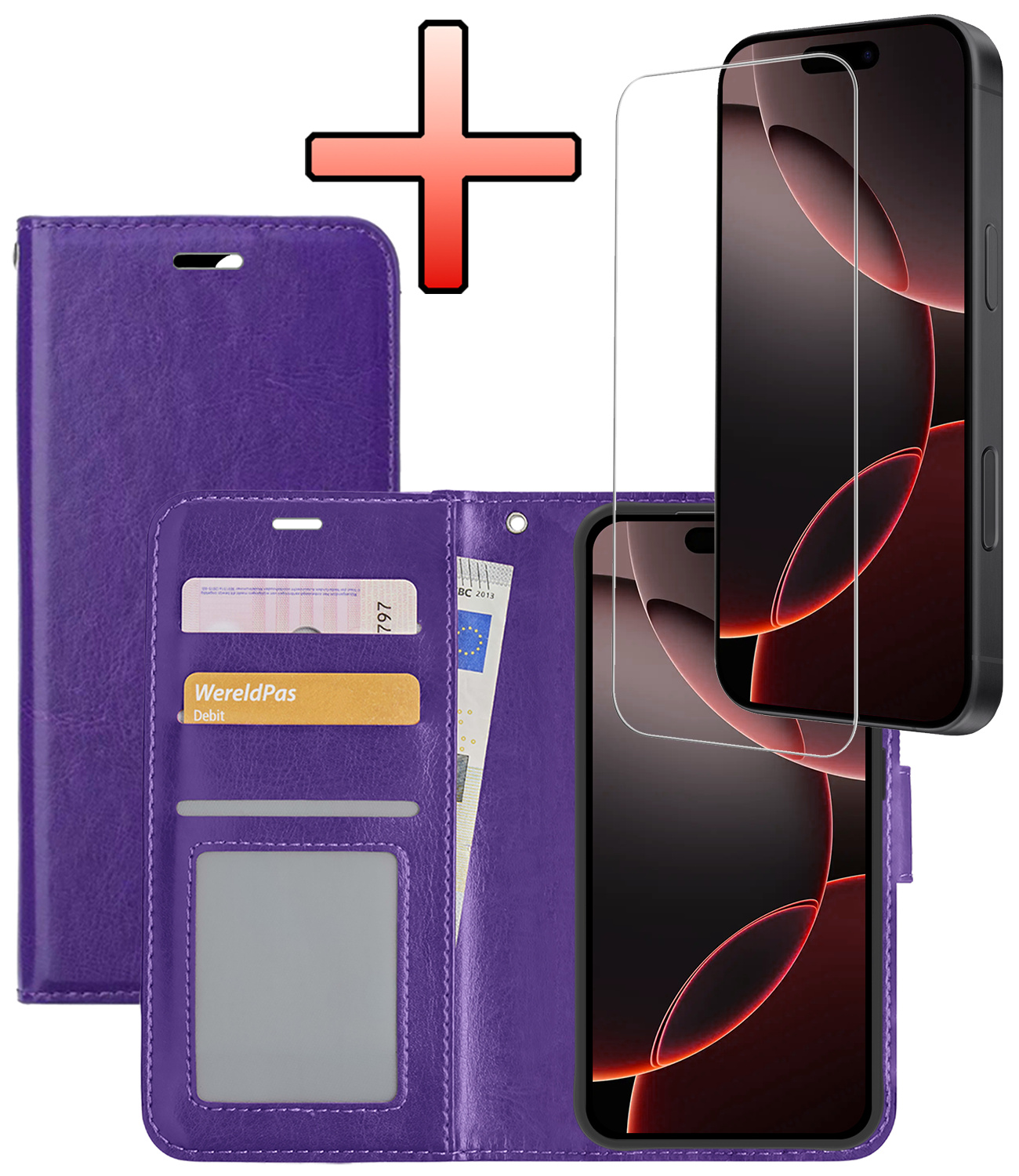 NoXx Hoes Geschikt voor iPhone 16 Pro Hoesje Book Case Hoes Flip Cover Wallet Bookcase Met Screenprotector - Paars