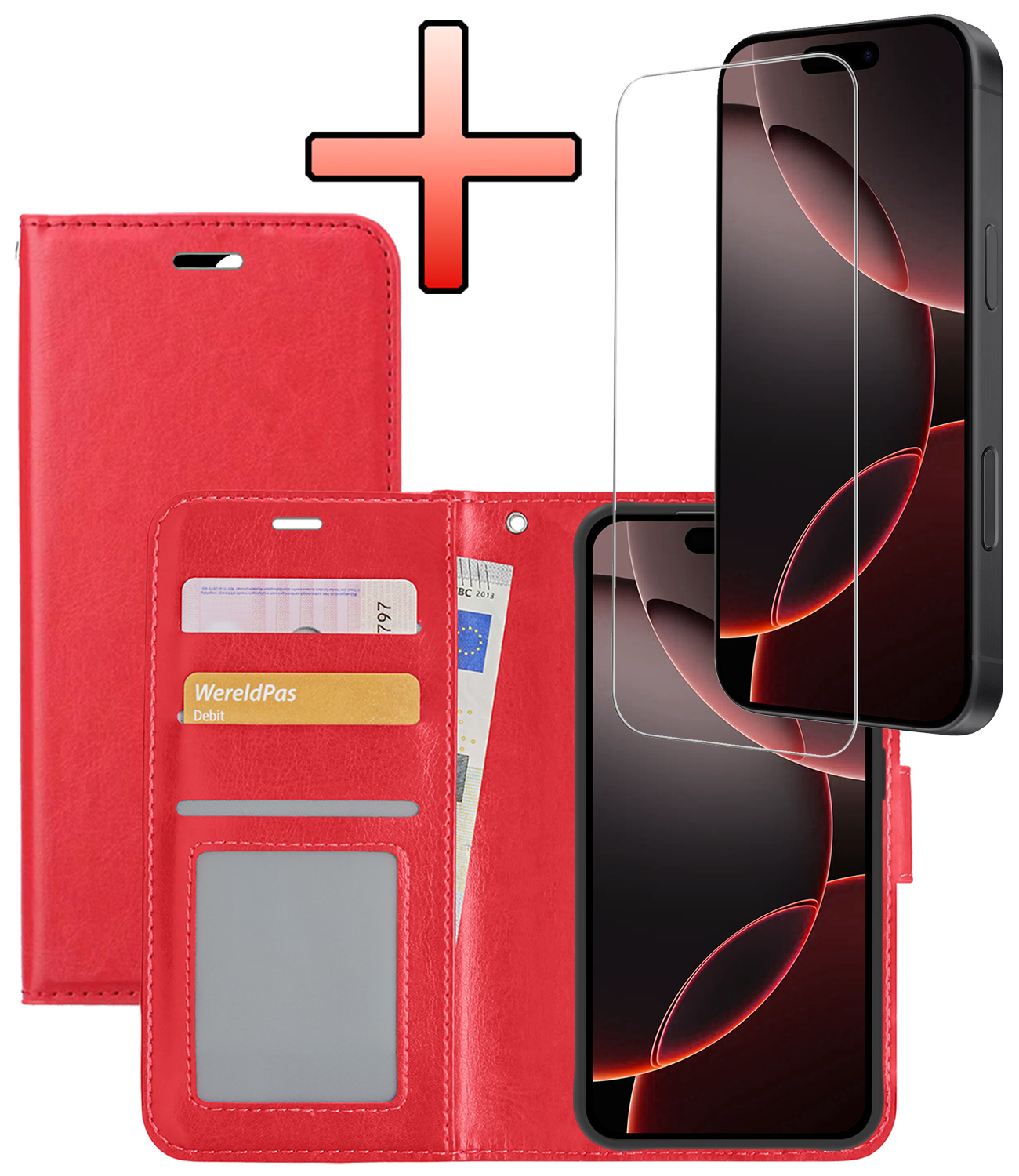 NoXx Hoes Geschikt voor iPhone 16 Pro Hoesje Book Case Hoes Flip Cover Wallet Bookcase Met Screenprotector - Rood