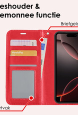 NoXx Hoes Geschikt voor iPhone 16 Pro Hoesje Book Case Hoes Flip Cover Wallet Bookcase Met Screenprotector - Rood