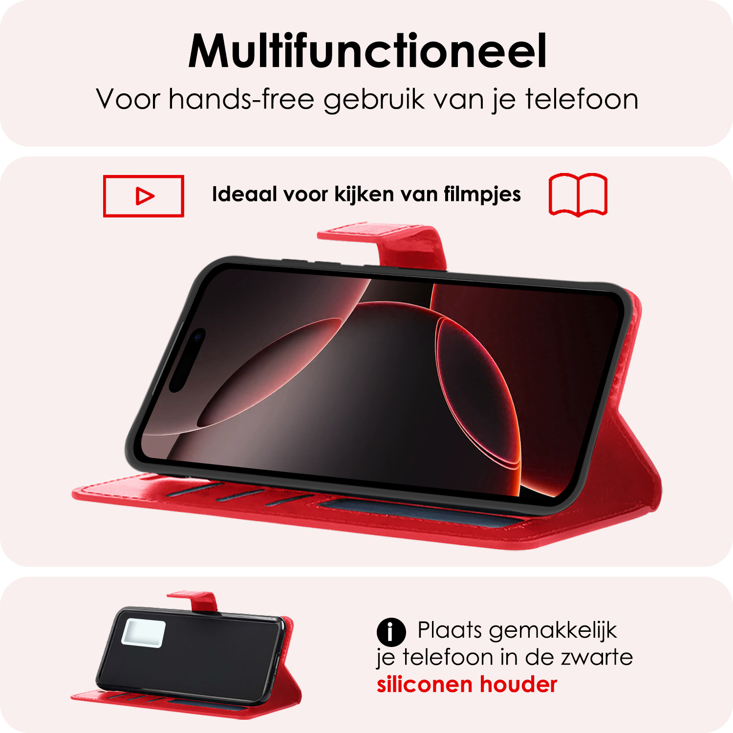 NoXx Hoes Geschikt voor iPhone 16 Pro Hoesje Book Case Hoes Flip Cover Wallet Bookcase Met Screenprotector - Rood