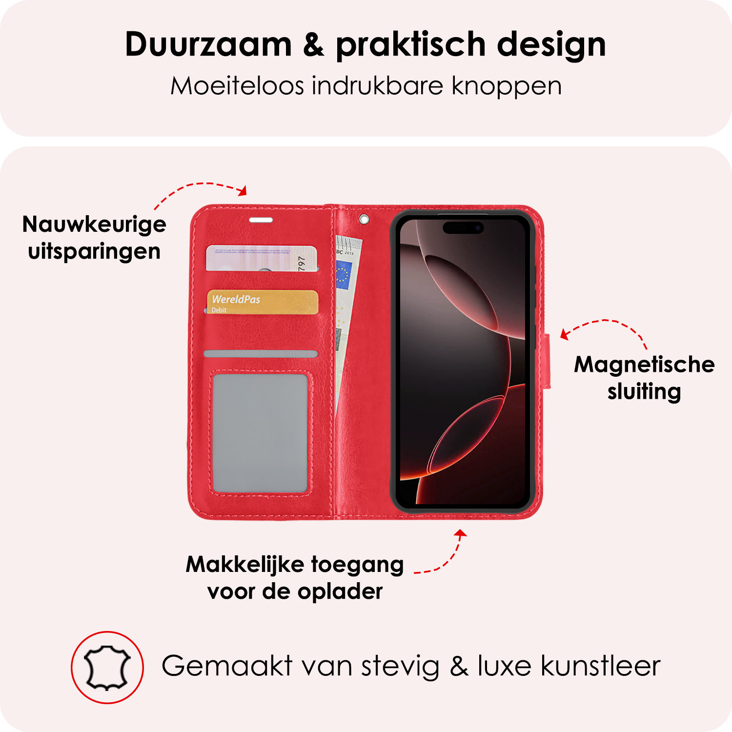 NoXx Hoes Geschikt voor iPhone 16 Pro Hoesje Book Case Hoes Flip Cover Wallet Bookcase Met Screenprotector - Rood