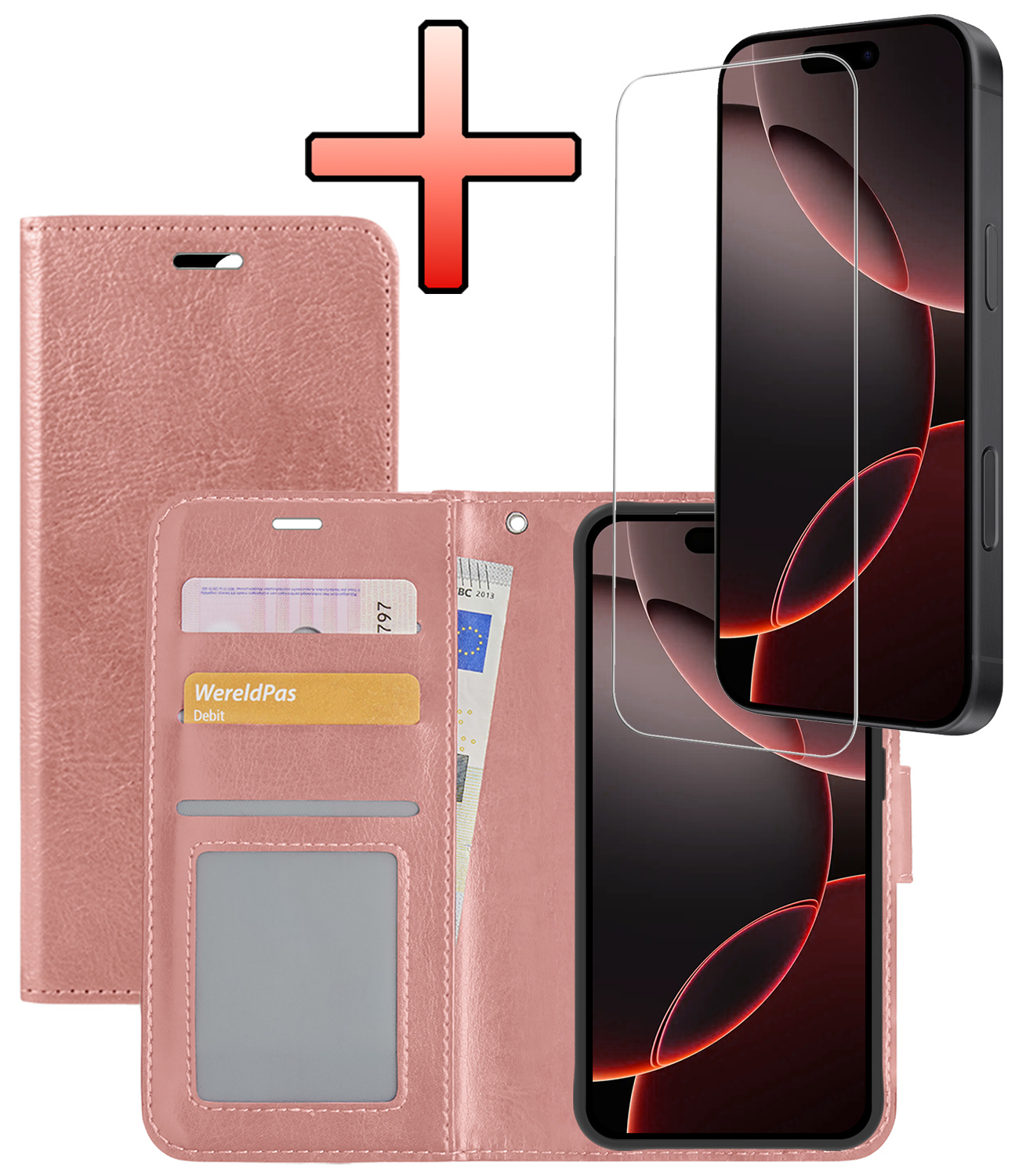 NoXx Hoes Geschikt voor iPhone 16 Pro Hoesje Book Case Hoes Flip Cover Wallet Bookcase Met Screenprotector - Rosé goud