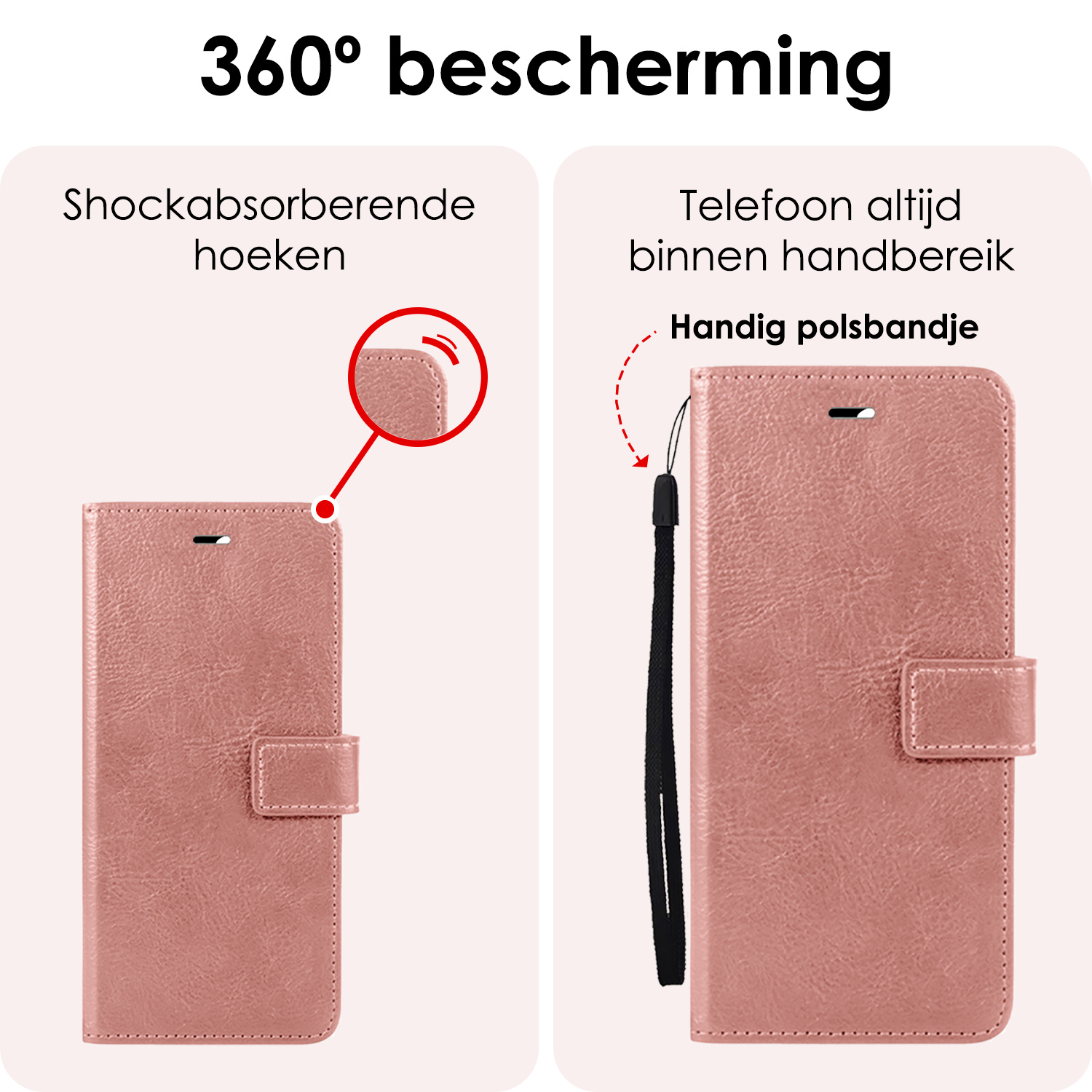 NoXx Hoes Geschikt voor iPhone 16 Pro Hoesje Book Case Hoes Flip Cover Wallet Bookcase Met Screenprotector - Rosé goud