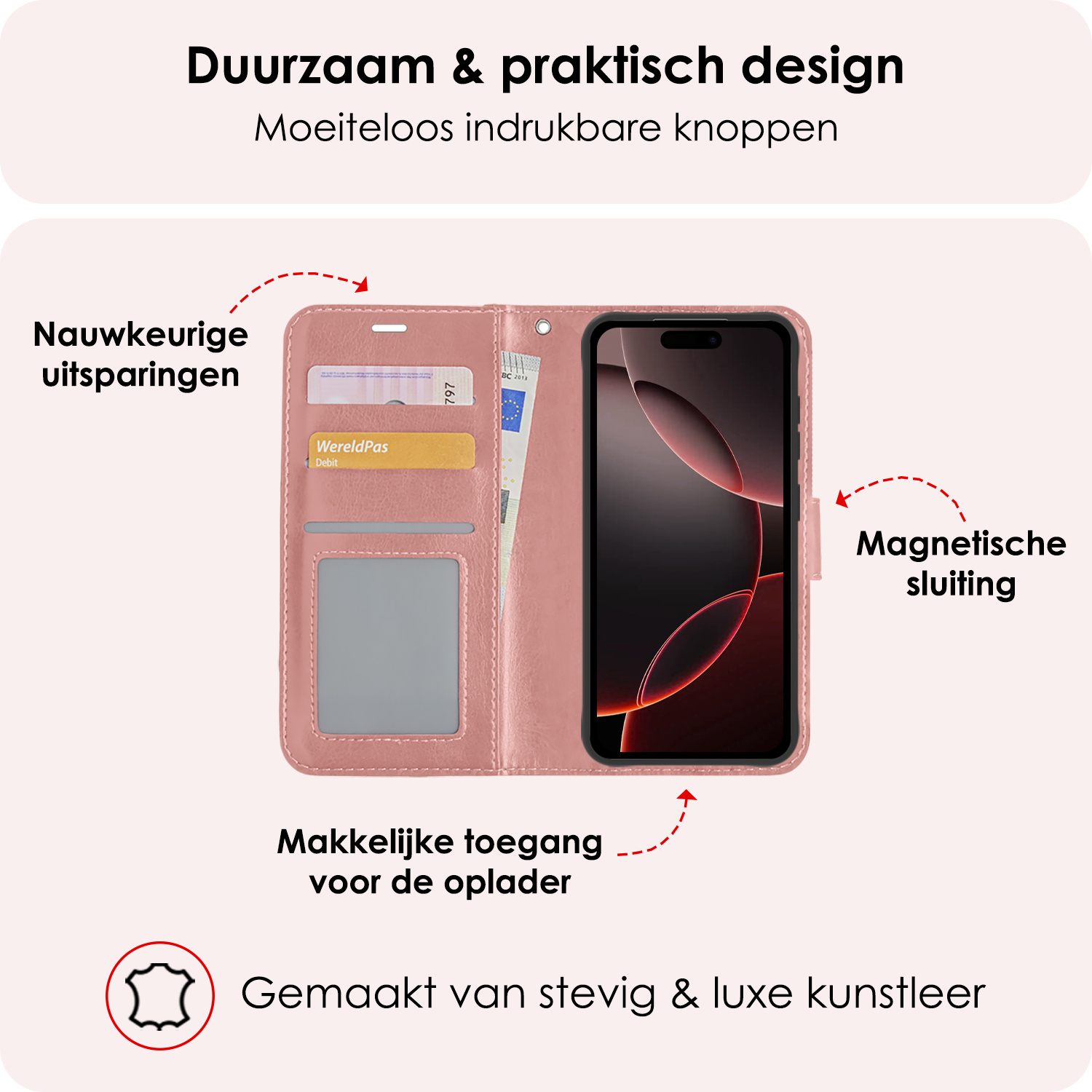 NoXx Hoes Geschikt voor iPhone 16 Pro Hoesje Book Case Hoes Flip Cover Wallet Bookcase Met Screenprotector - Rosé goud