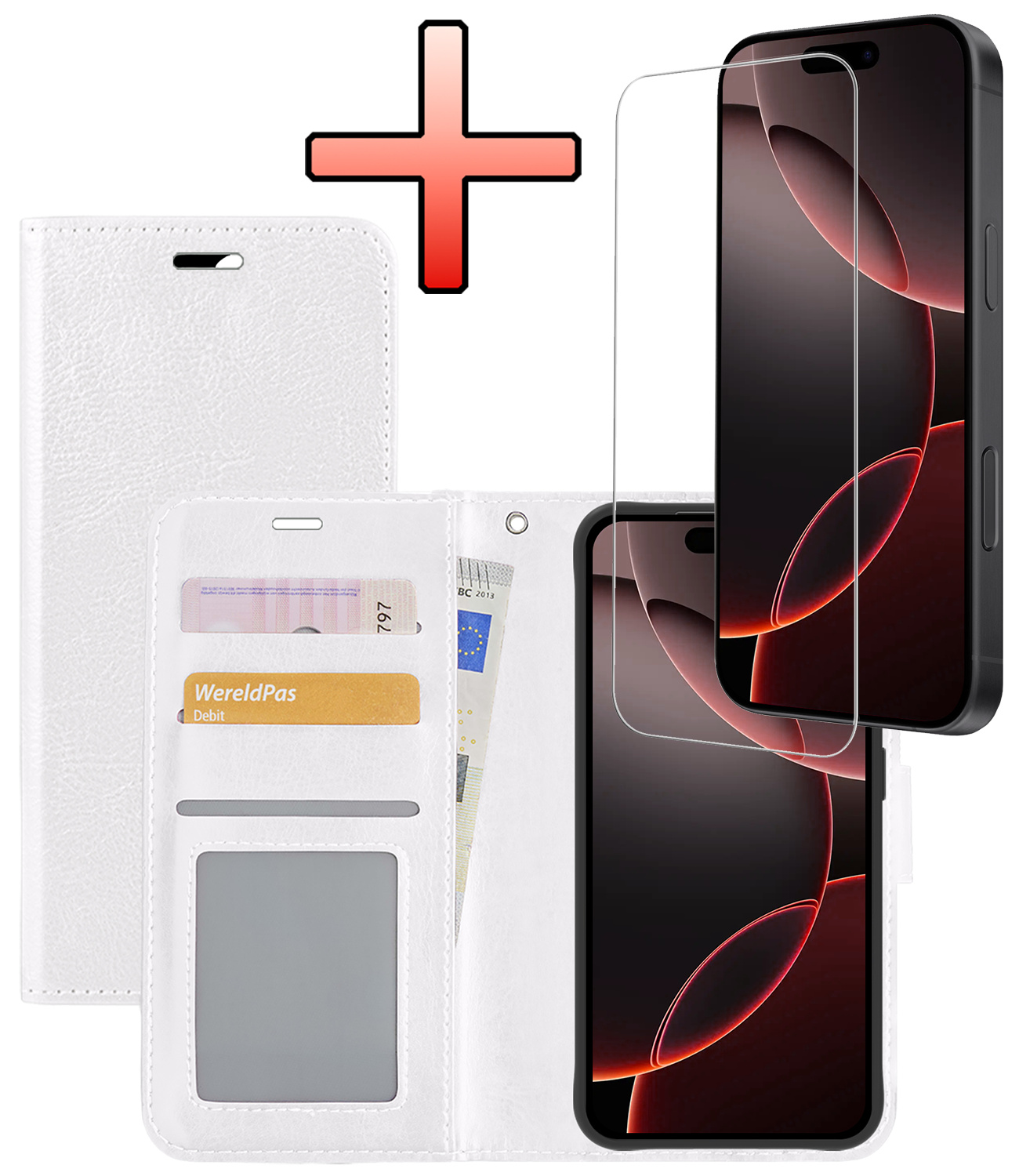 NoXx Hoes Geschikt voor iPhone 16 Pro Hoesje Book Case Hoes Flip Cover Wallet Bookcase Met Screenprotector - Wit