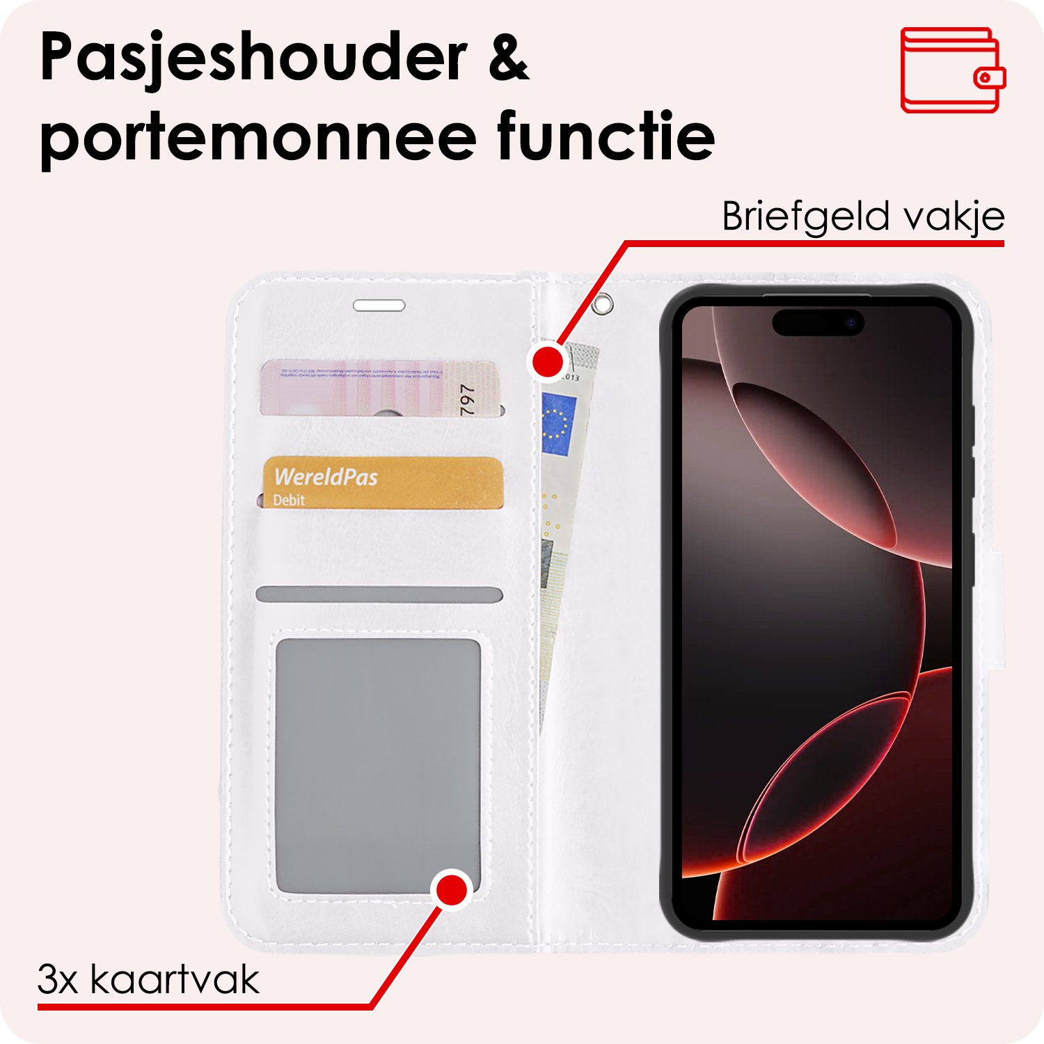 NoXx Hoes Geschikt voor iPhone 16 Pro Hoesje Book Case Hoes Flip Cover Wallet Bookcase Met Screenprotector - Wit