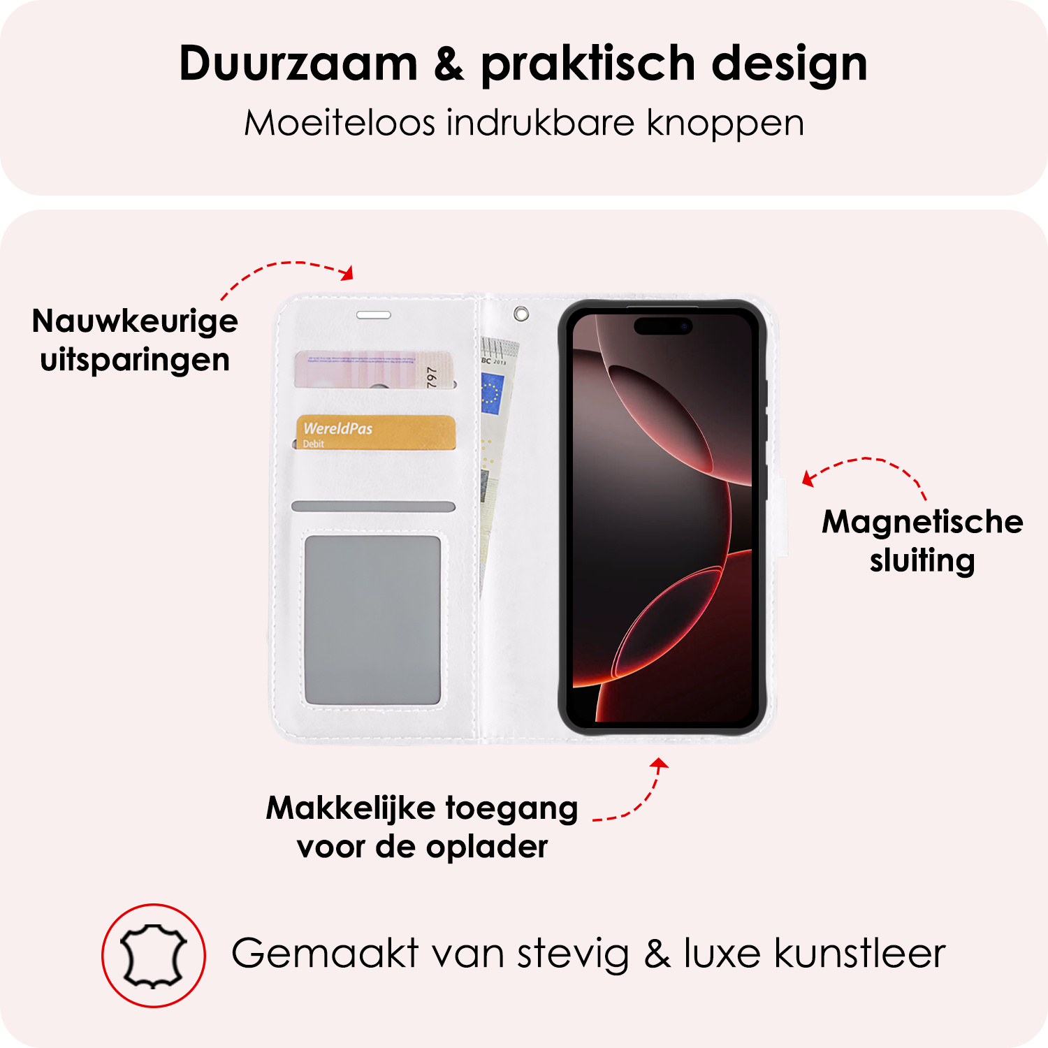 NoXx Hoes Geschikt voor iPhone 16 Pro Hoesje Book Case Hoes Flip Cover Wallet Bookcase Met Screenprotector - Wit