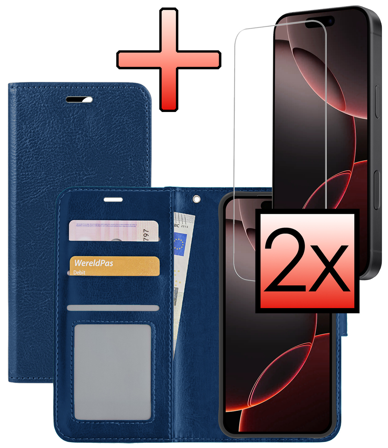 NoXx Hoes Geschikt voor iPhone 16 Pro Hoesje Book Case Hoes Flip Cover Wallet Bookcase Met 2x Screenprotector - Donkerblauw