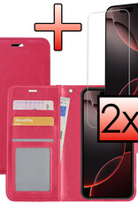 NoXx Hoes Geschikt voor iPhone 16 Pro Hoesje Book Case Hoes Flip Cover Wallet Bookcase Met 2x Screenprotector - Donkerroze