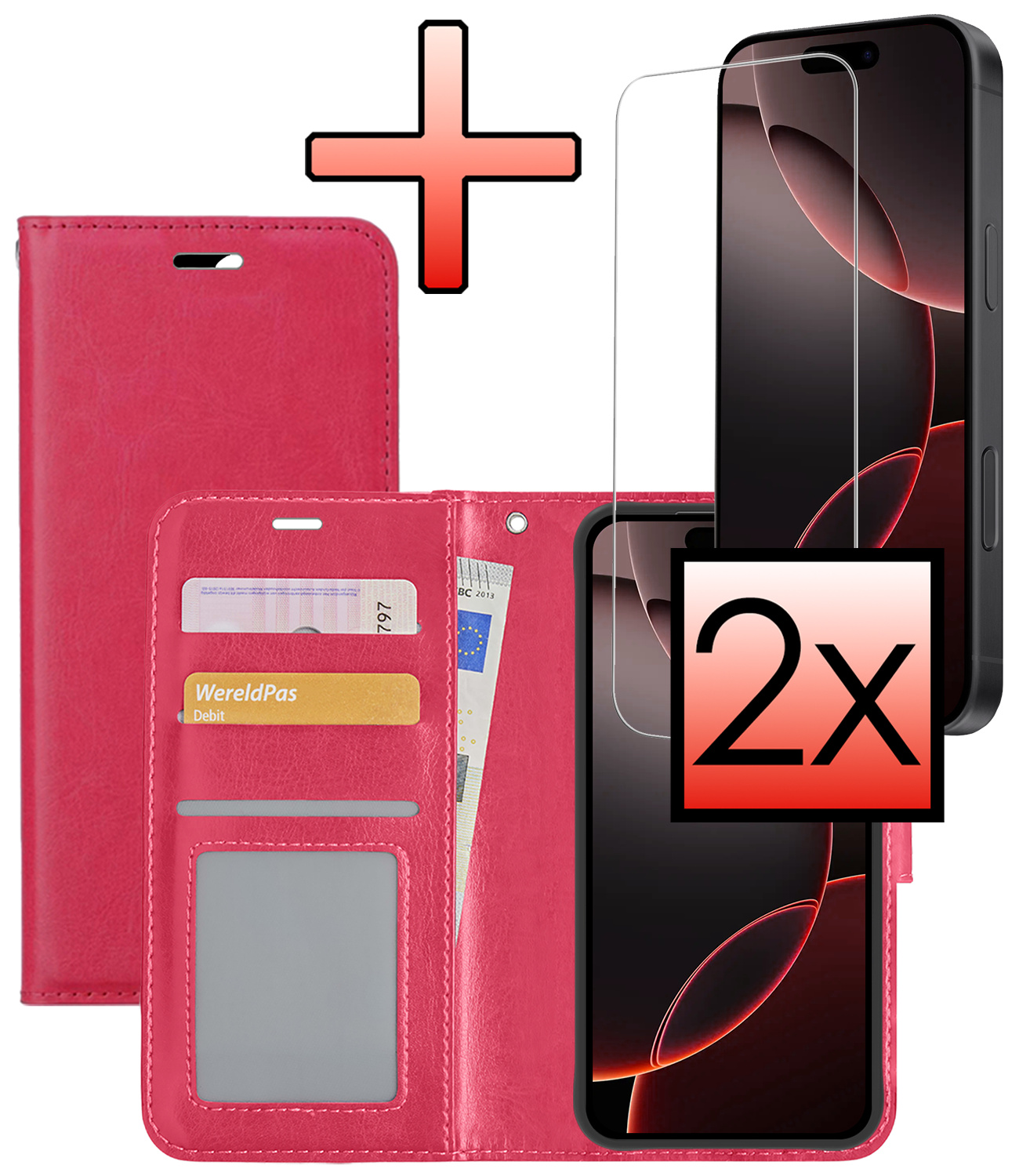 NoXx Hoes Geschikt voor iPhone 16 Pro Hoesje Book Case Hoes Flip Cover Wallet Bookcase Met 2x Screenprotector - Donkerroze