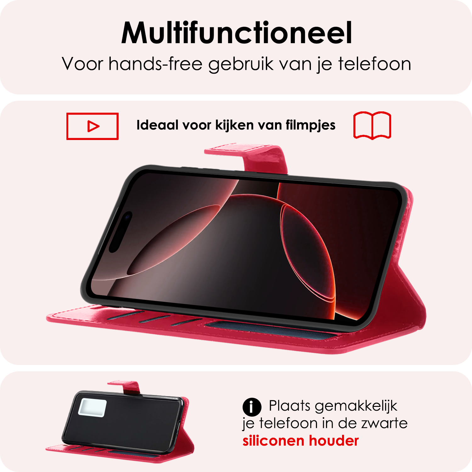 NoXx Hoes Geschikt voor iPhone 16 Pro Hoesje Book Case Hoes Flip Cover Wallet Bookcase Met 2x Screenprotector - Donkerroze