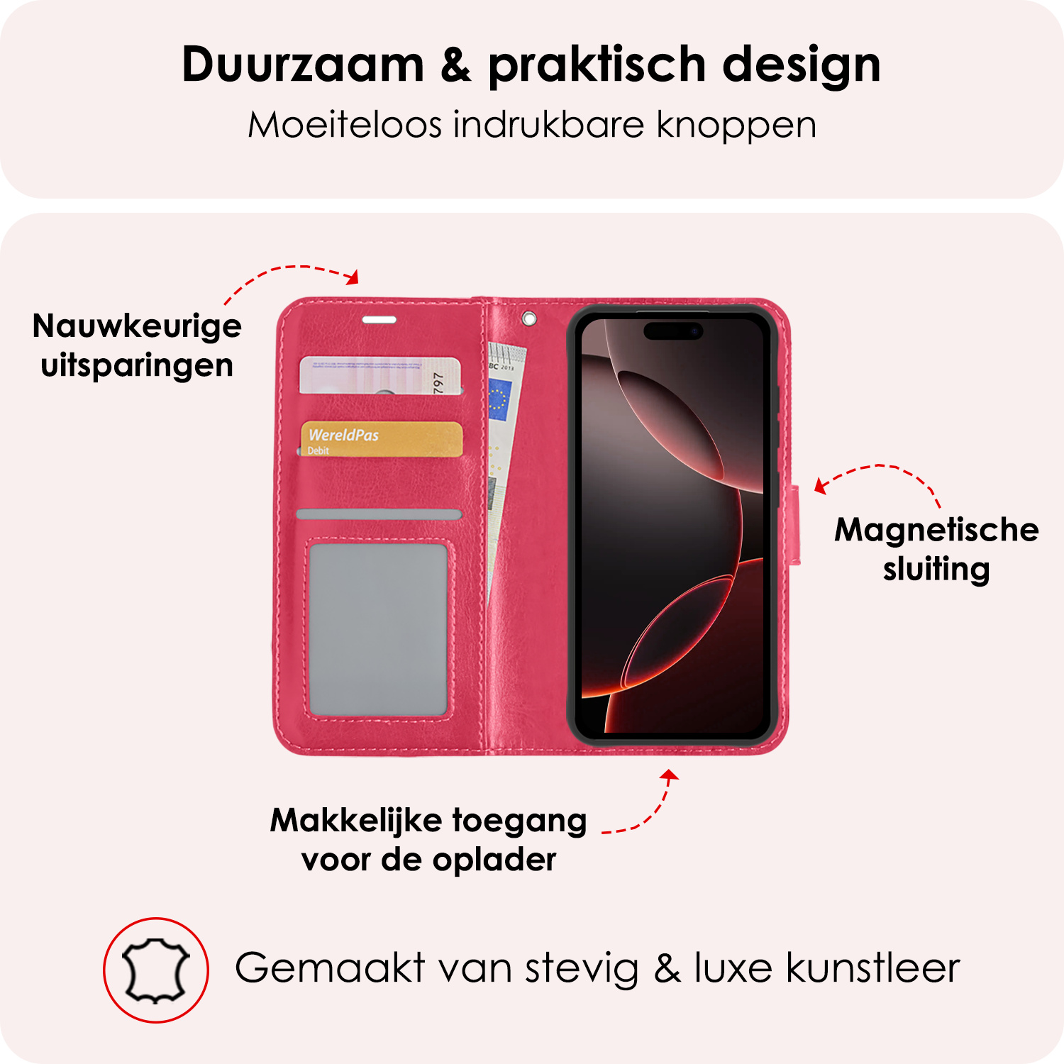 NoXx Hoes Geschikt voor iPhone 16 Pro Hoesje Book Case Hoes Flip Cover Wallet Bookcase Met 2x Screenprotector - Donkerroze