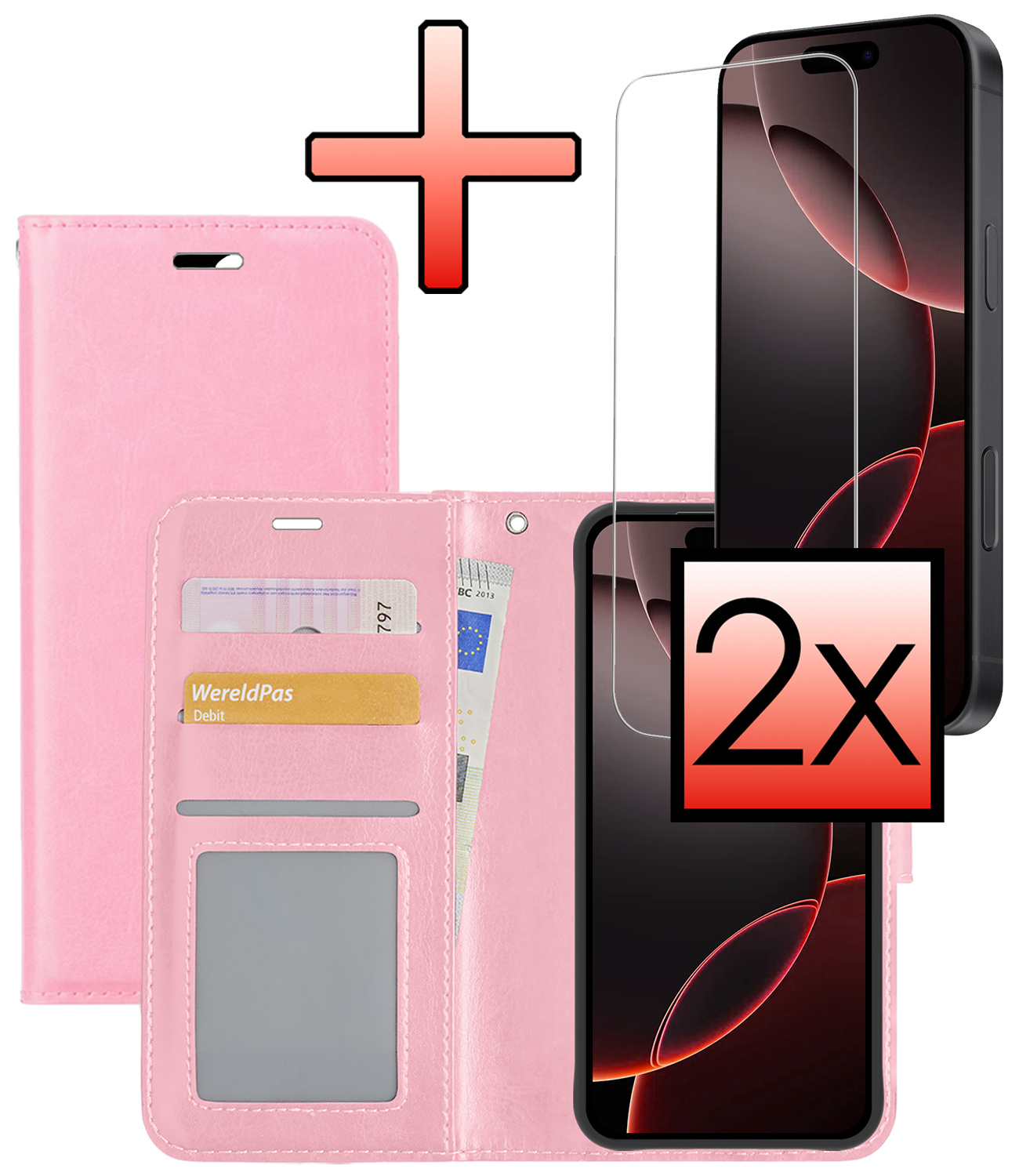 NoXx Hoes Geschikt voor iPhone 16 Pro Hoesje Book Case Hoes Flip Cover Wallet Bookcase Met 2x Screenprotector - Lichtroze