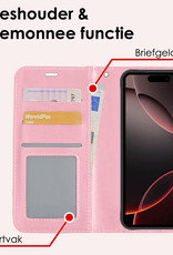 NoXx Hoes Geschikt voor iPhone 16 Pro Hoesje Book Case Hoes Flip Cover Wallet Bookcase Met 2x Screenprotector - Lichtroze