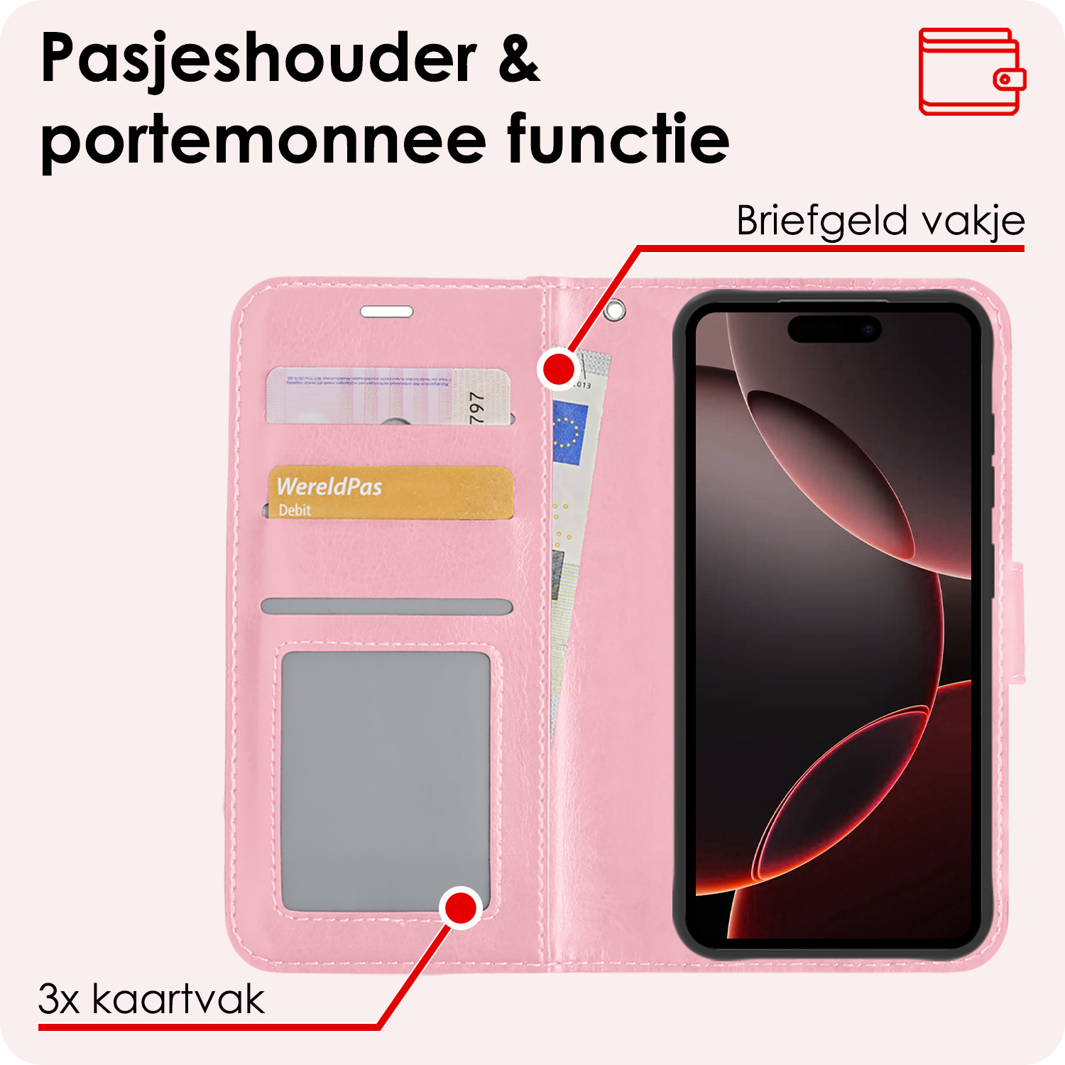 NoXx Hoes Geschikt voor iPhone 16 Pro Hoesje Book Case Hoes Flip Cover Wallet Bookcase Met 2x Screenprotector - Lichtroze
