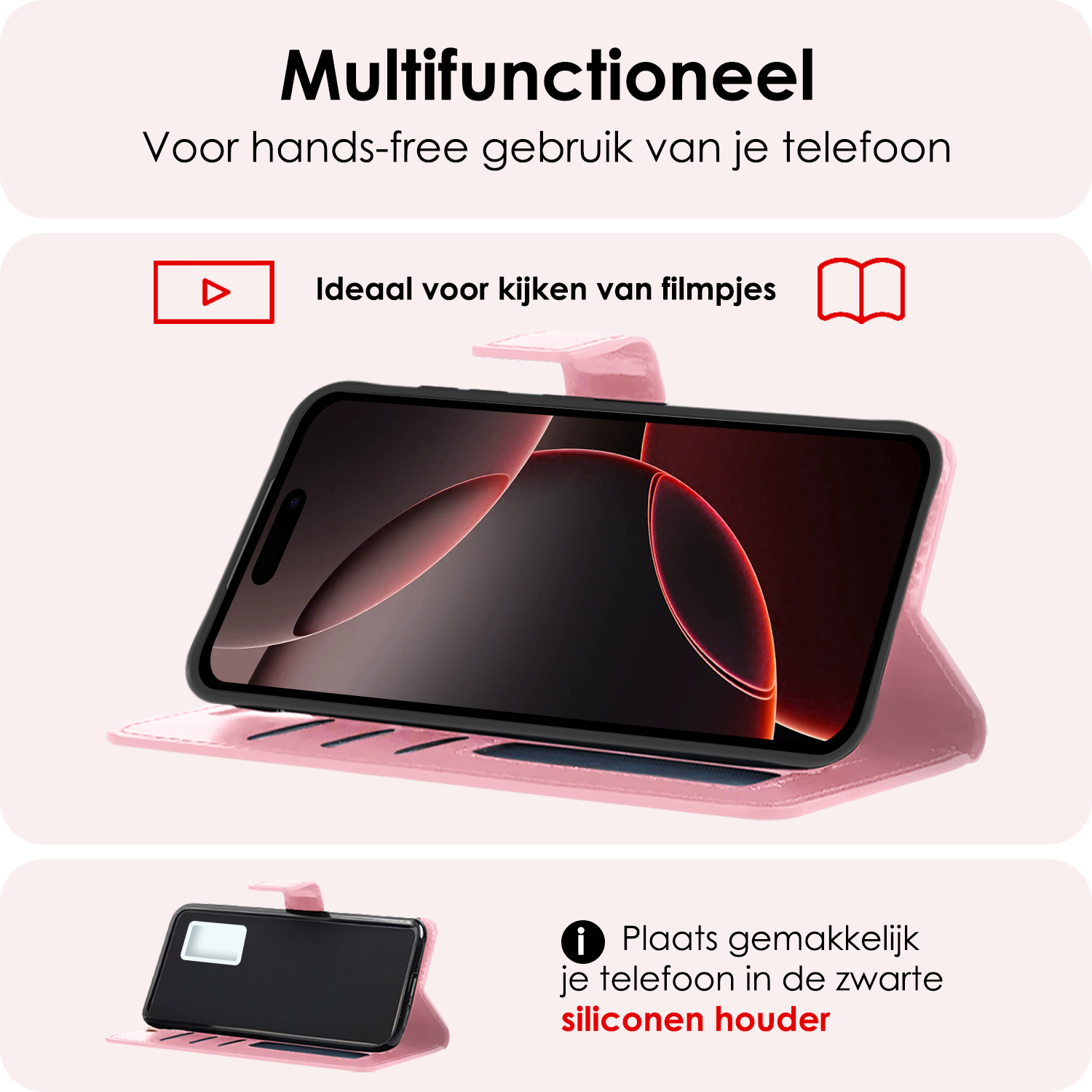 NoXx Hoes Geschikt voor iPhone 16 Pro Hoesje Book Case Hoes Flip Cover Wallet Bookcase Met 2x Screenprotector - Lichtroze