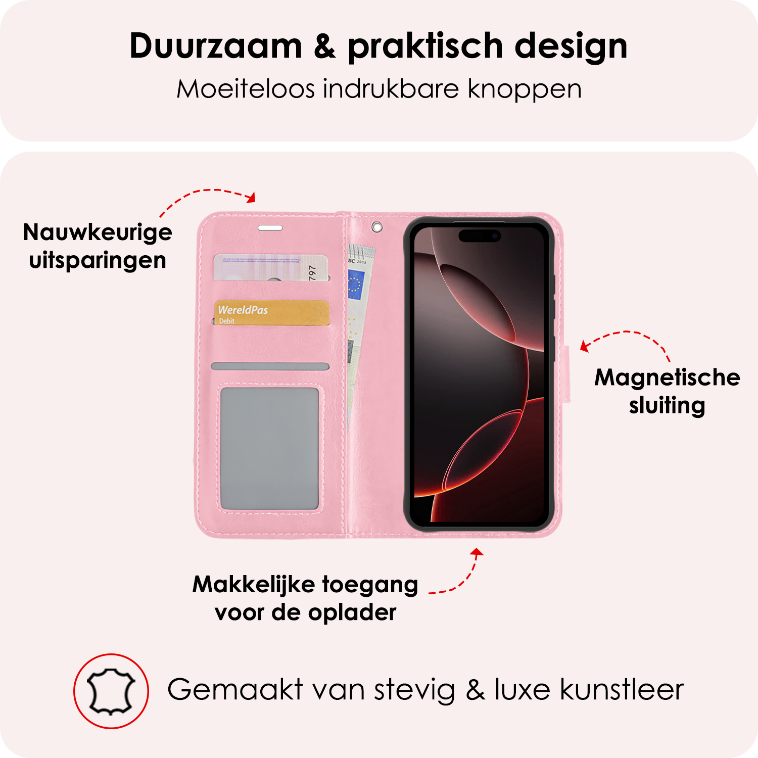 NoXx Hoes Geschikt voor iPhone 16 Pro Hoesje Book Case Hoes Flip Cover Wallet Bookcase Met 2x Screenprotector - Lichtroze