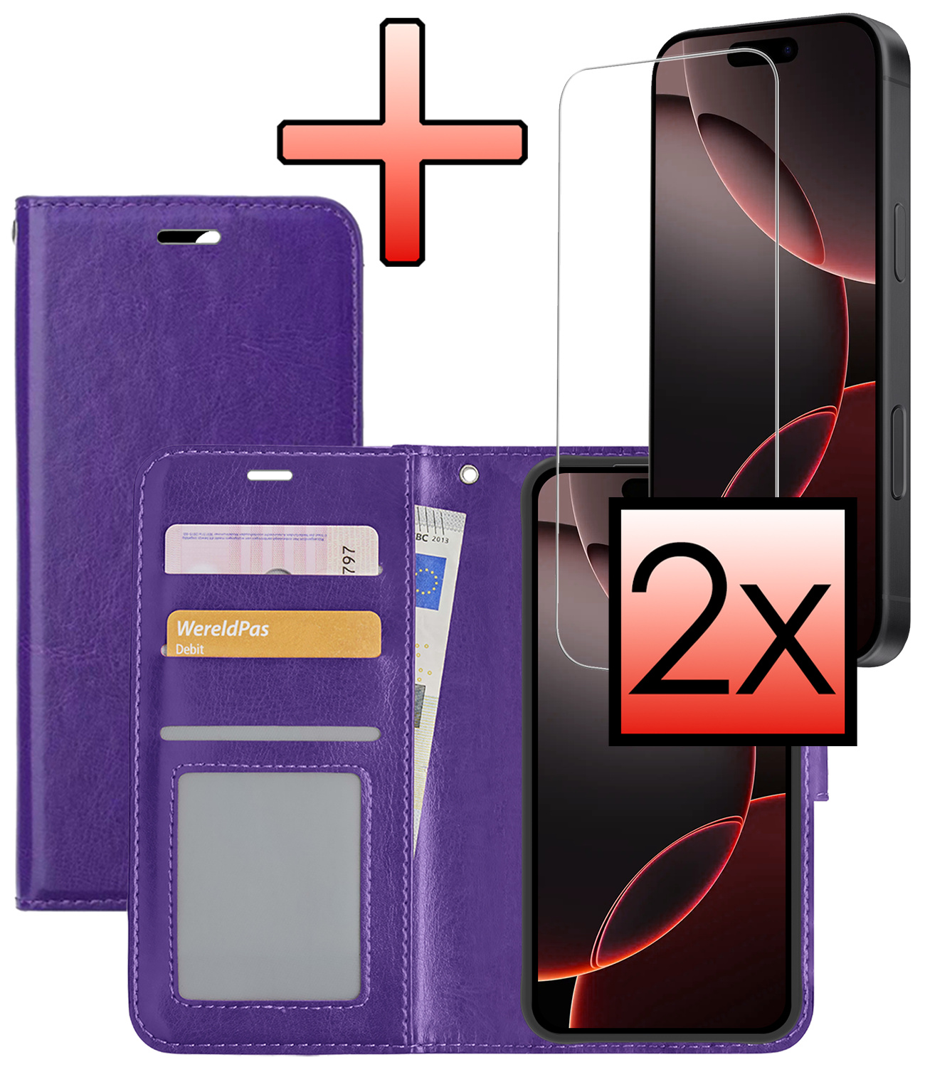 NoXx Hoes Geschikt voor iPhone 16 Pro Hoesje Book Case Hoes Flip Cover Wallet Bookcase Met 2x Screenprotector - Paars