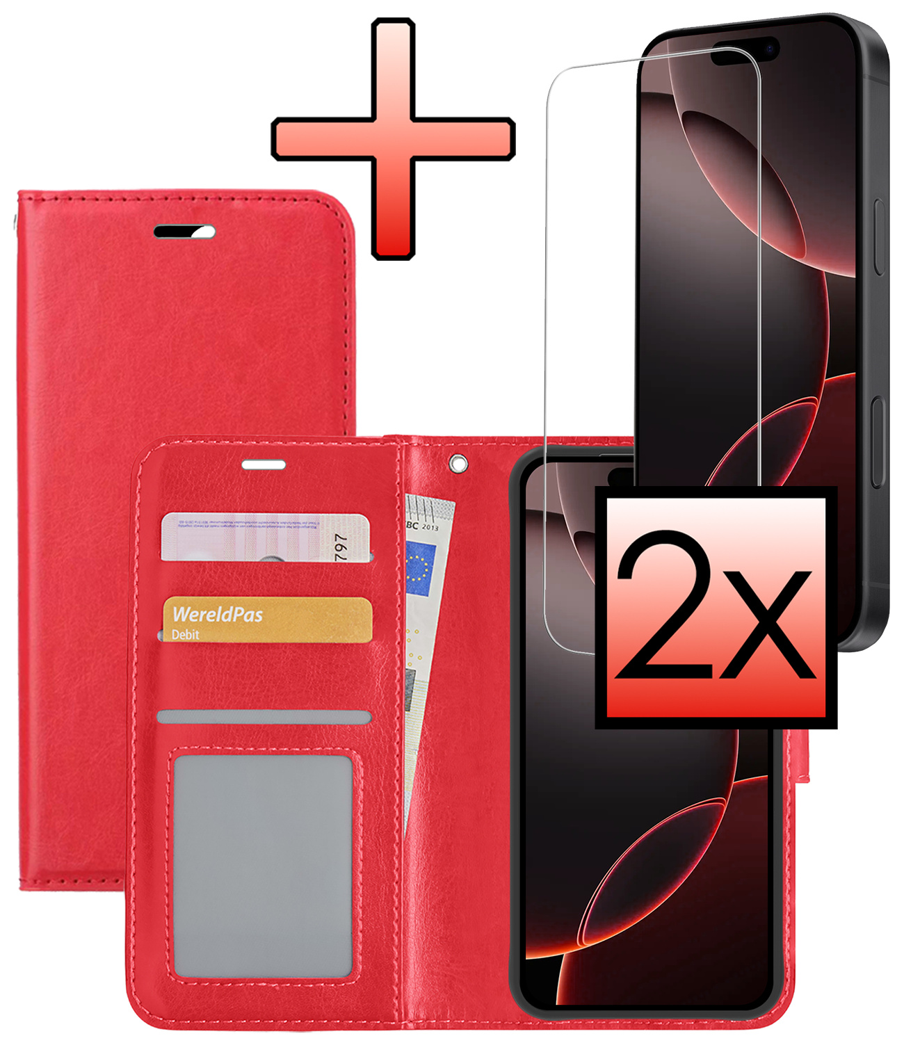 NoXx Hoes Geschikt voor iPhone 16 Pro Hoesje Book Case Hoes Flip Cover Wallet Bookcase Met 2x Screenprotector - Rood